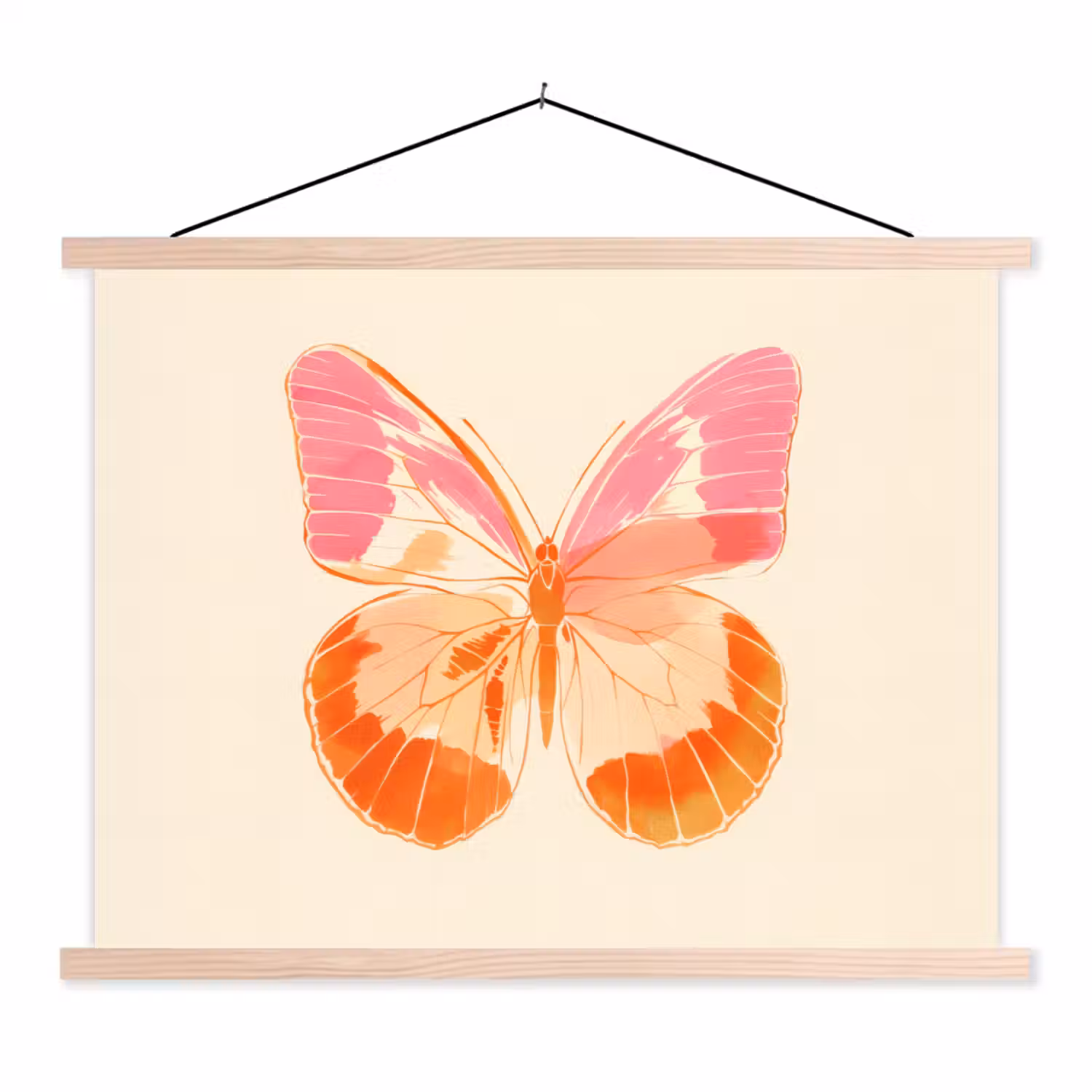Oranje - Vlinder - Minimalistisch textielposter latten blank klein -3d