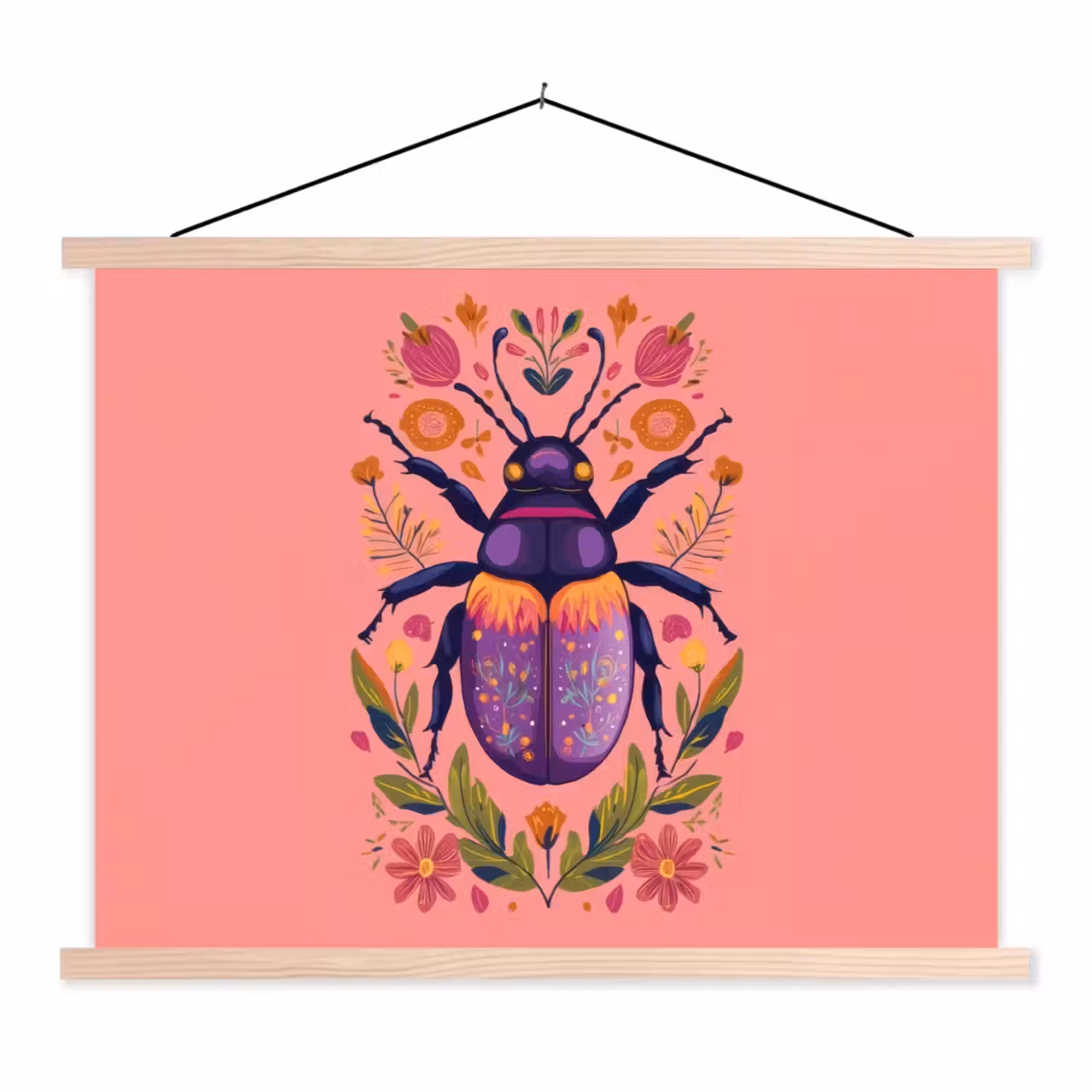 Paars - Kever - Stipjes - Bloemen textielposter latten blank klein -3d