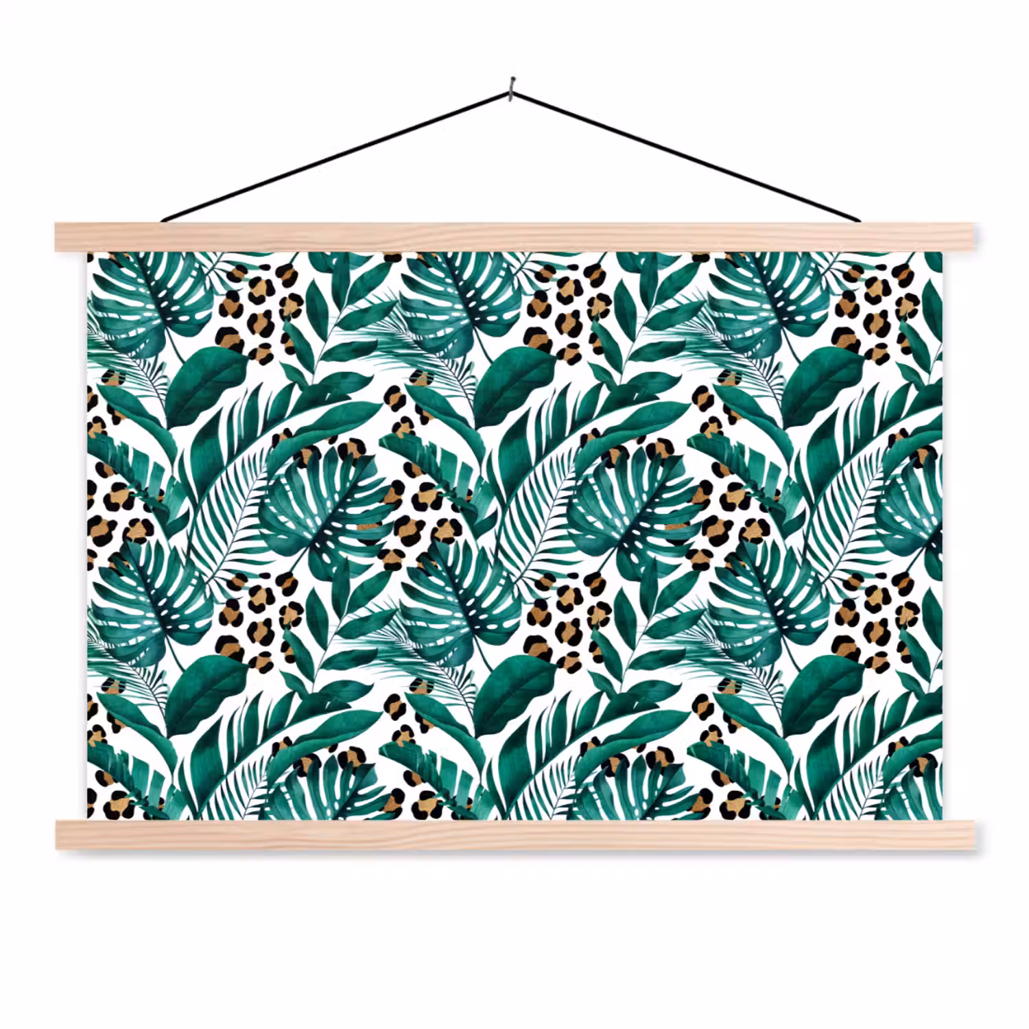 Palmblad - Panterprint - Tropical textielposter latten blank klein -3d