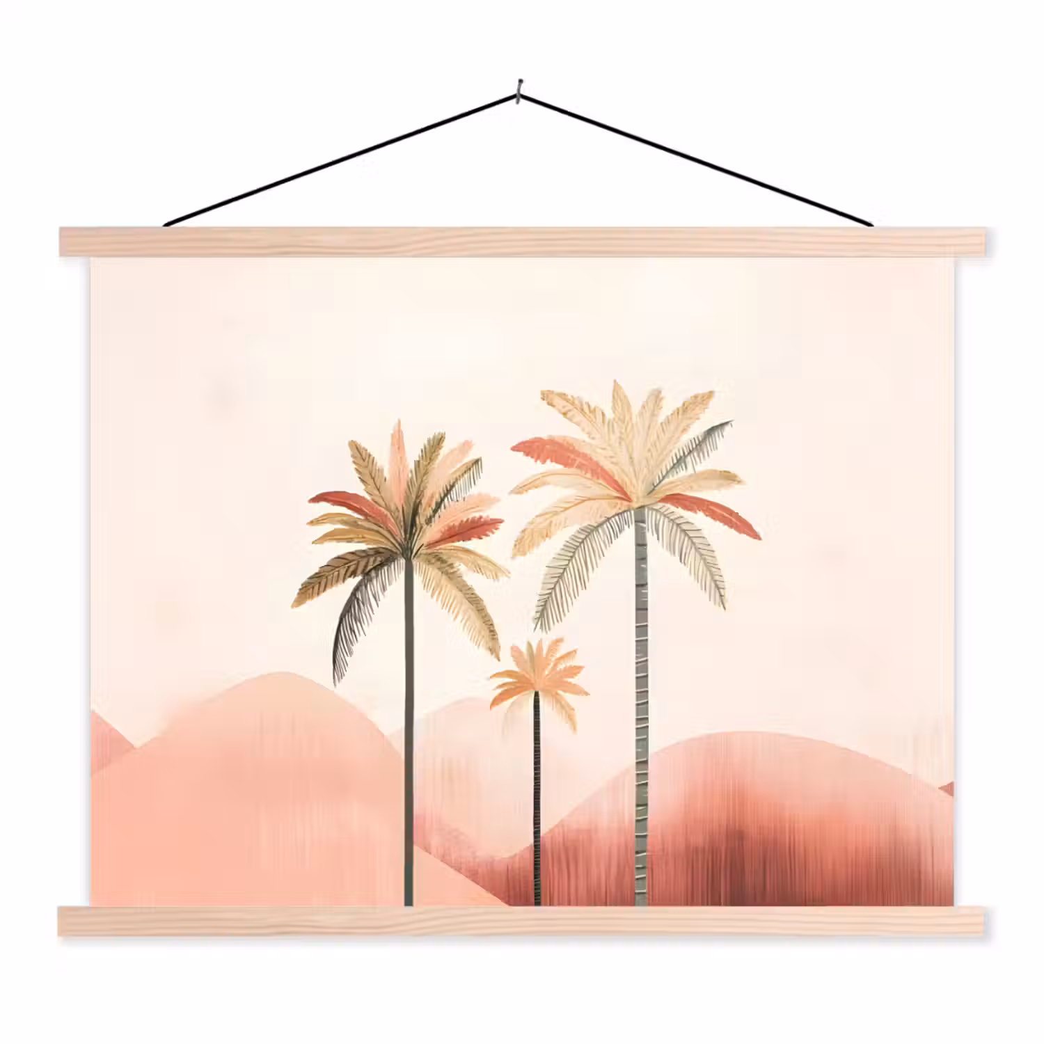 Palmbomen - Heuvels - Minimalistisch - Zachtroze textielposter latten blank klein -3d