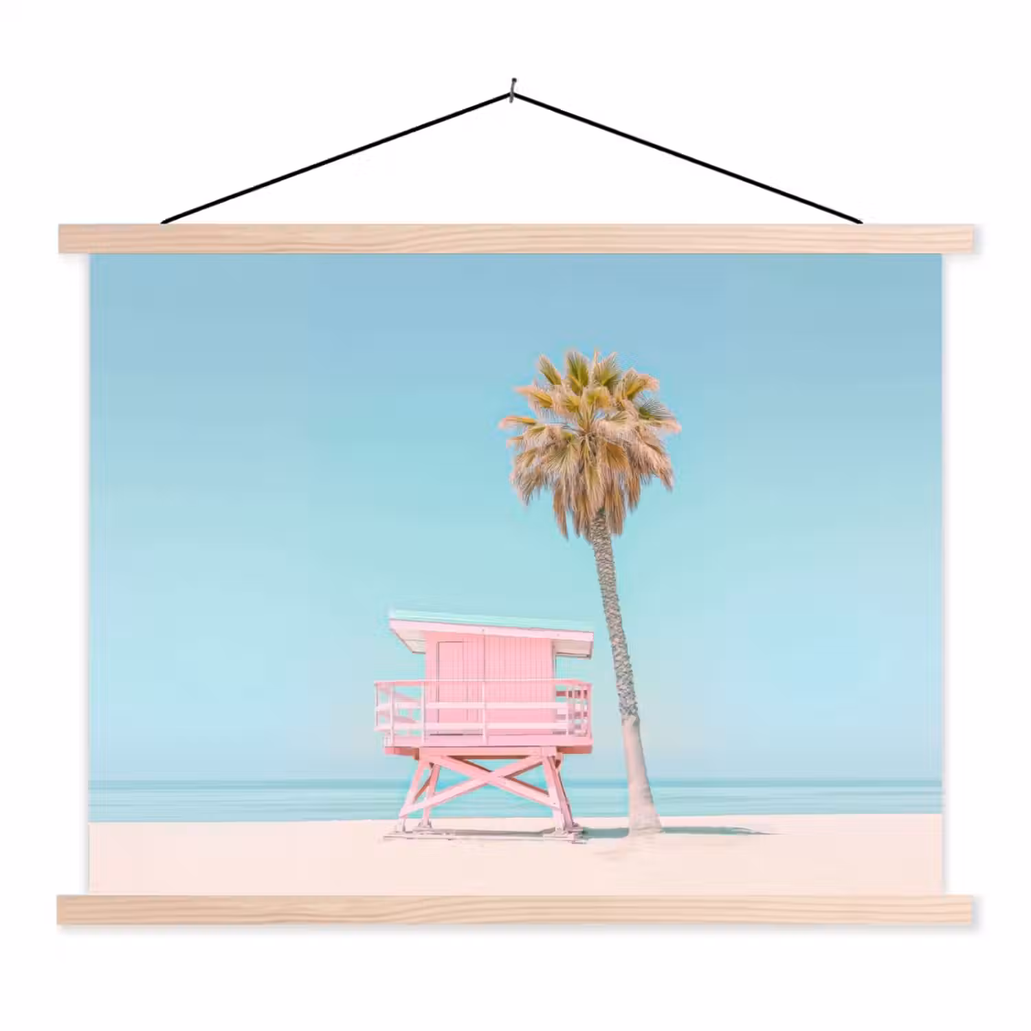 Palmboom - Strandhuis - Roze textielposter latten blank klein -3d