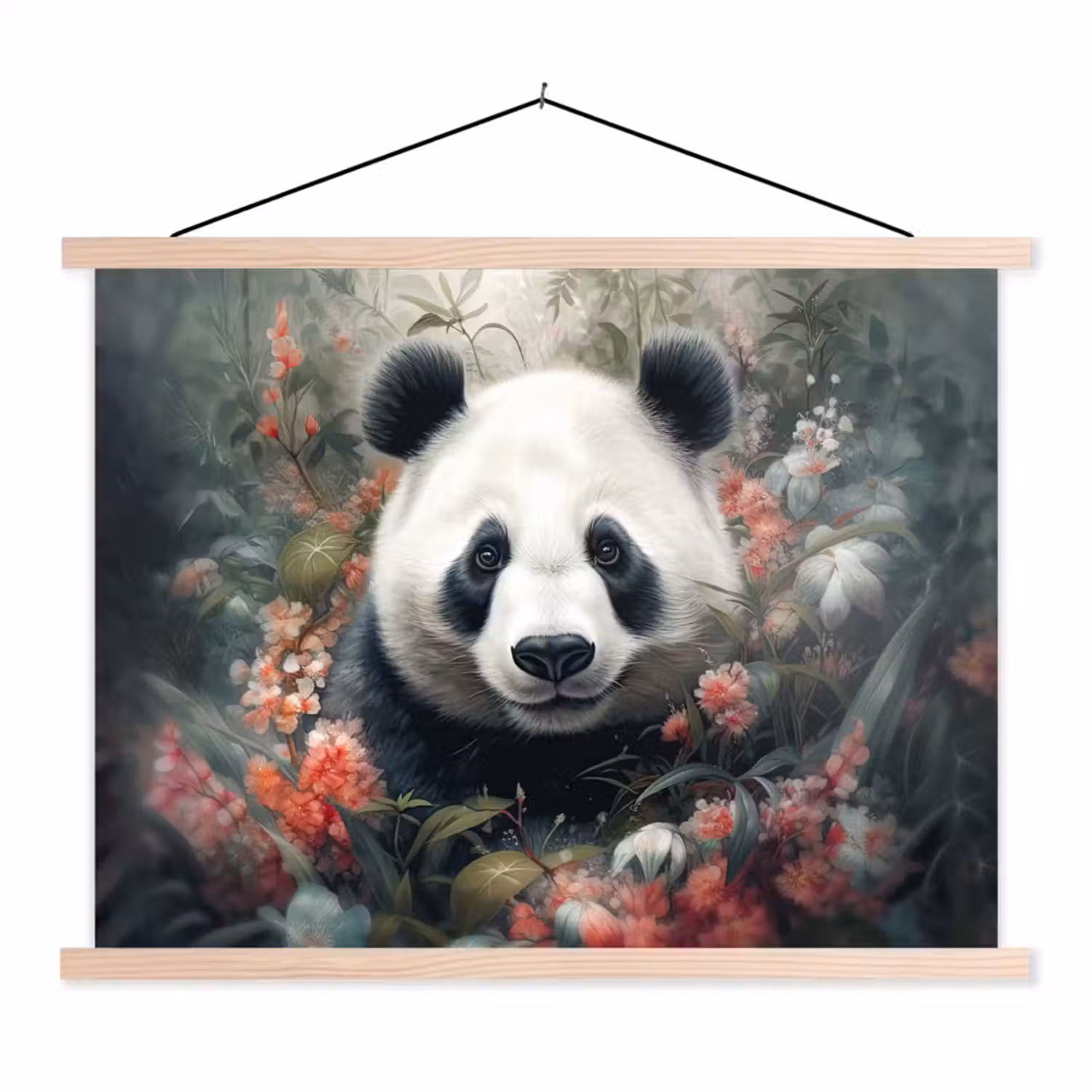 Panda - Wilde dieren - Bloemen - Natuur textielposter latten blank klein -3d