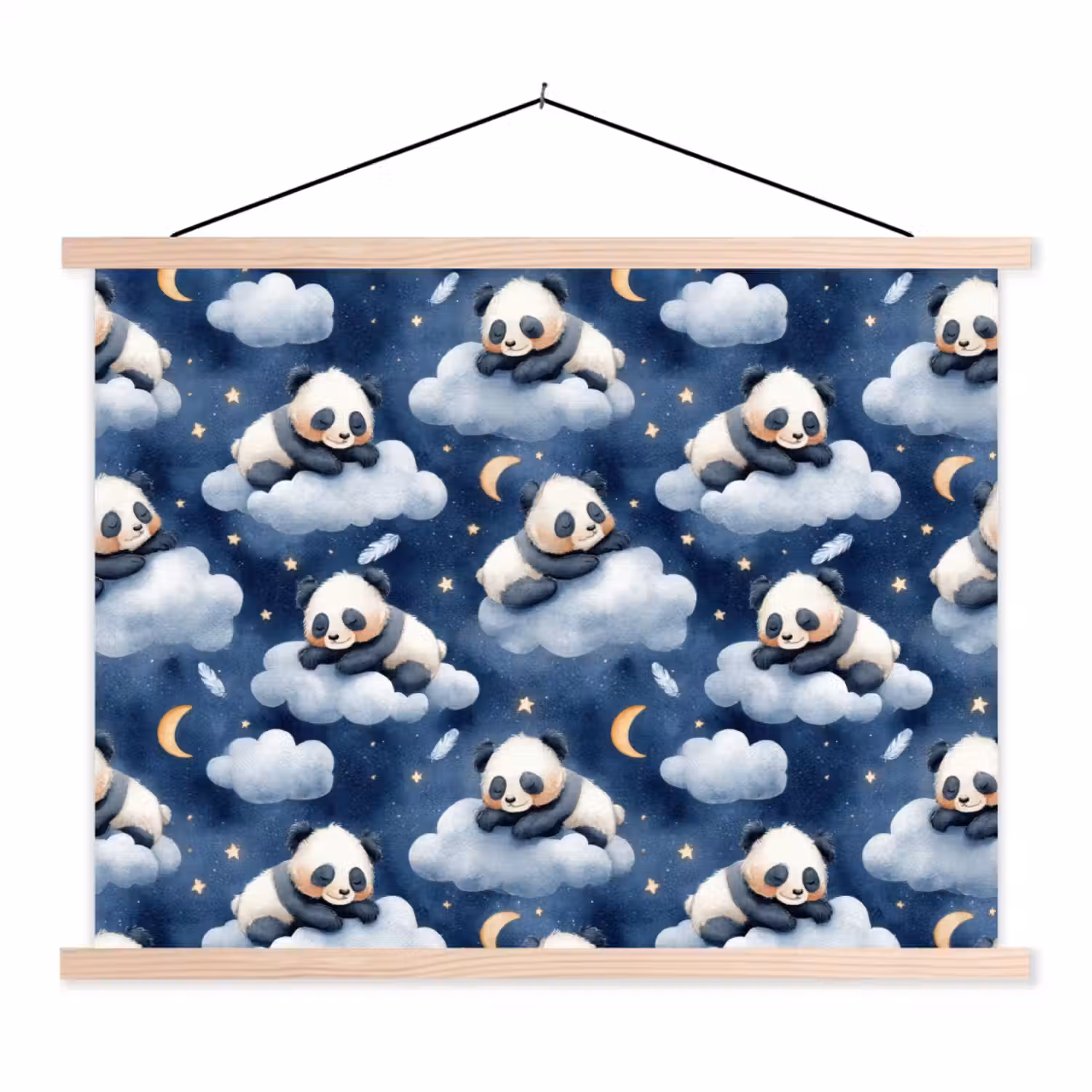 Panda's - Slapen - Blauw textielposter latten blank klein 122 -3d
