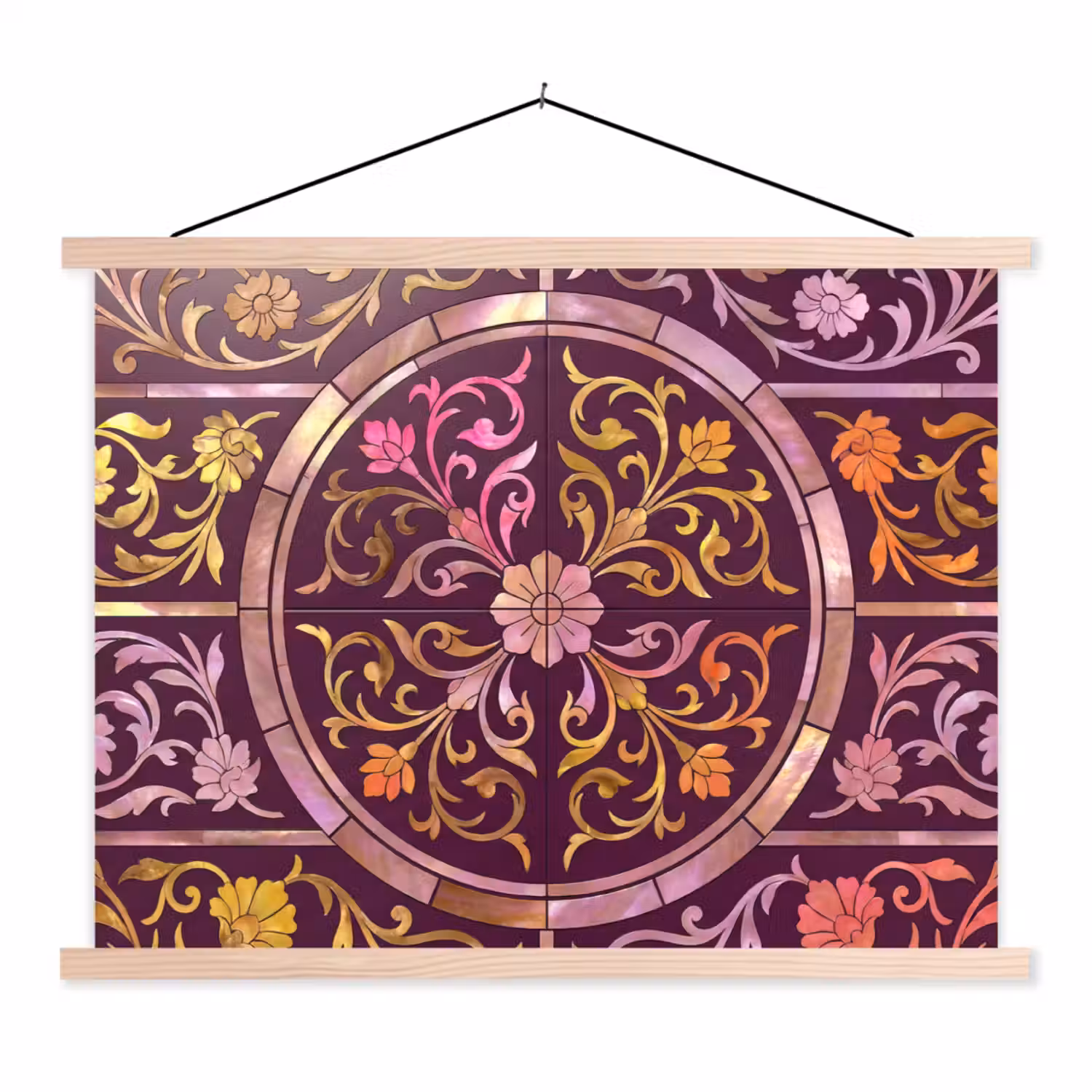 Patroon - Floraal - Oosters - Paars - Goud textielposter latten blank klein -3d