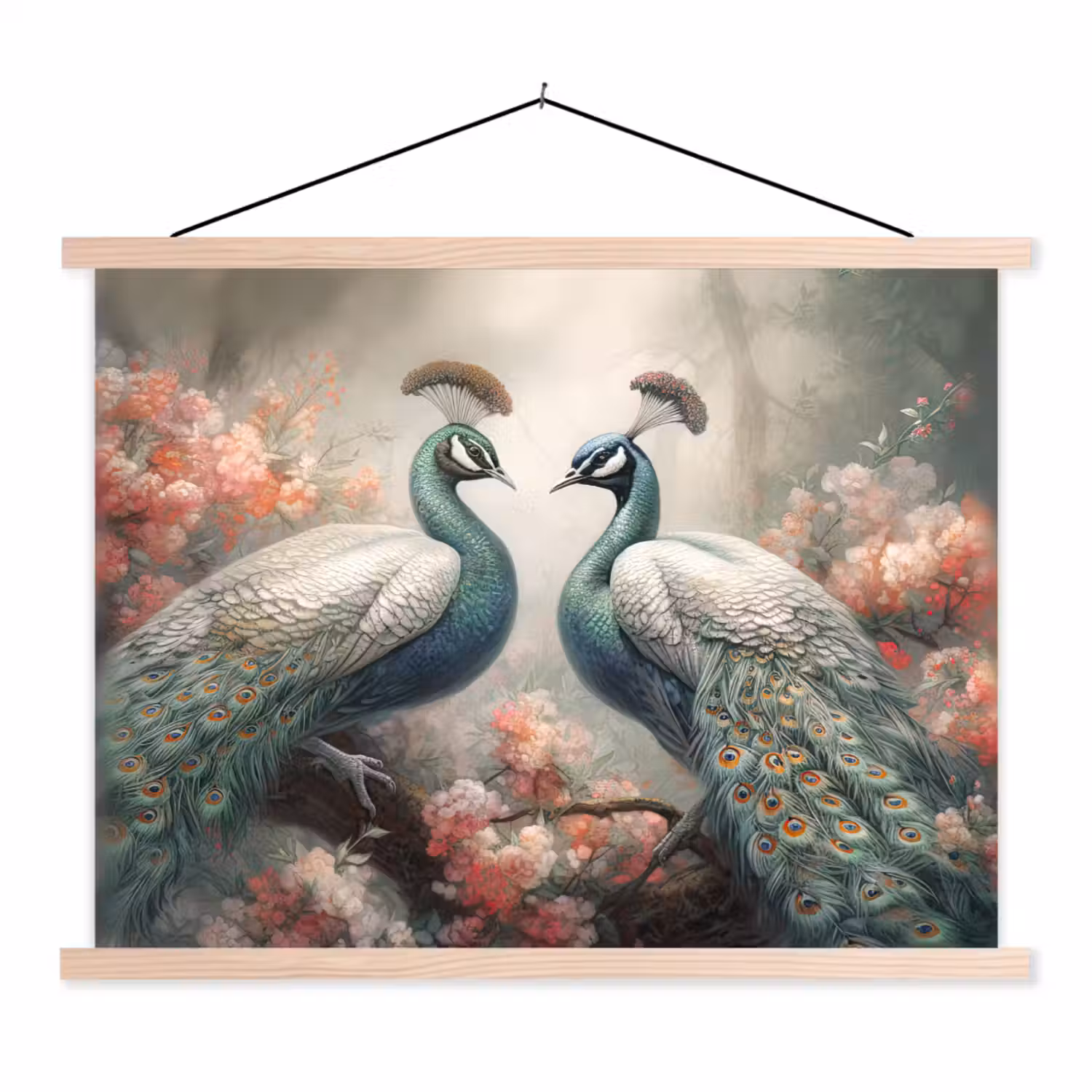 Pauwen - Pauwenveren - Vogels - Bloemen - Natuur textielposter latten blank klein -3d