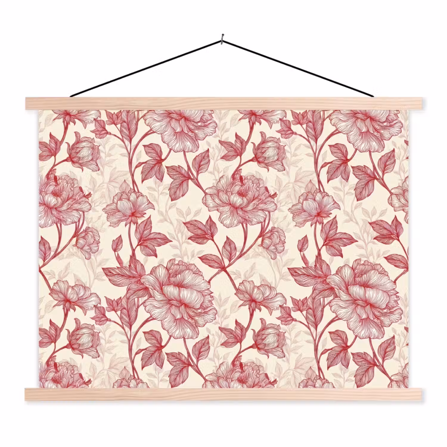 Pioenrozen - Modern - Rood textielposter latten blank klein 122 -3d