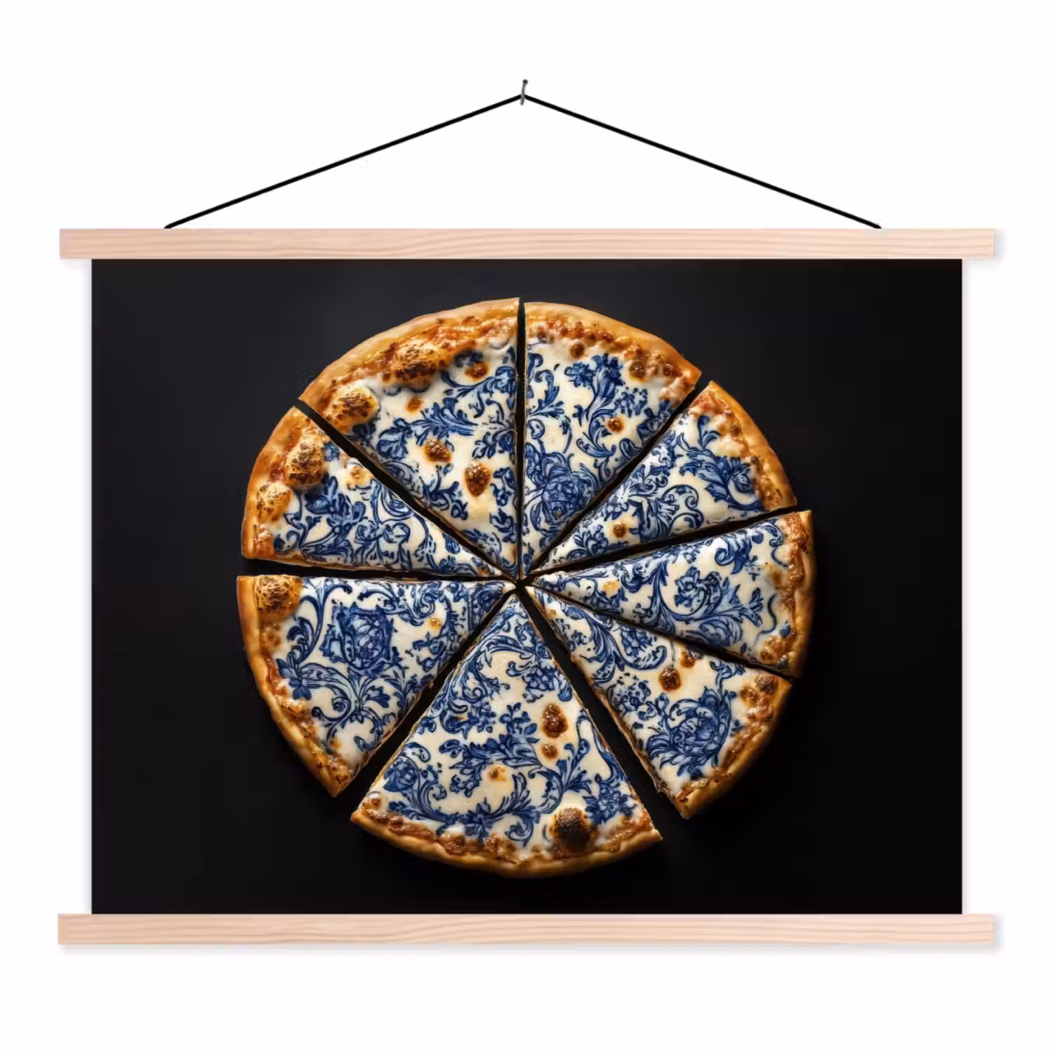 Pizza - Eten - Delftsblauw textielposter latten blank klein -3d