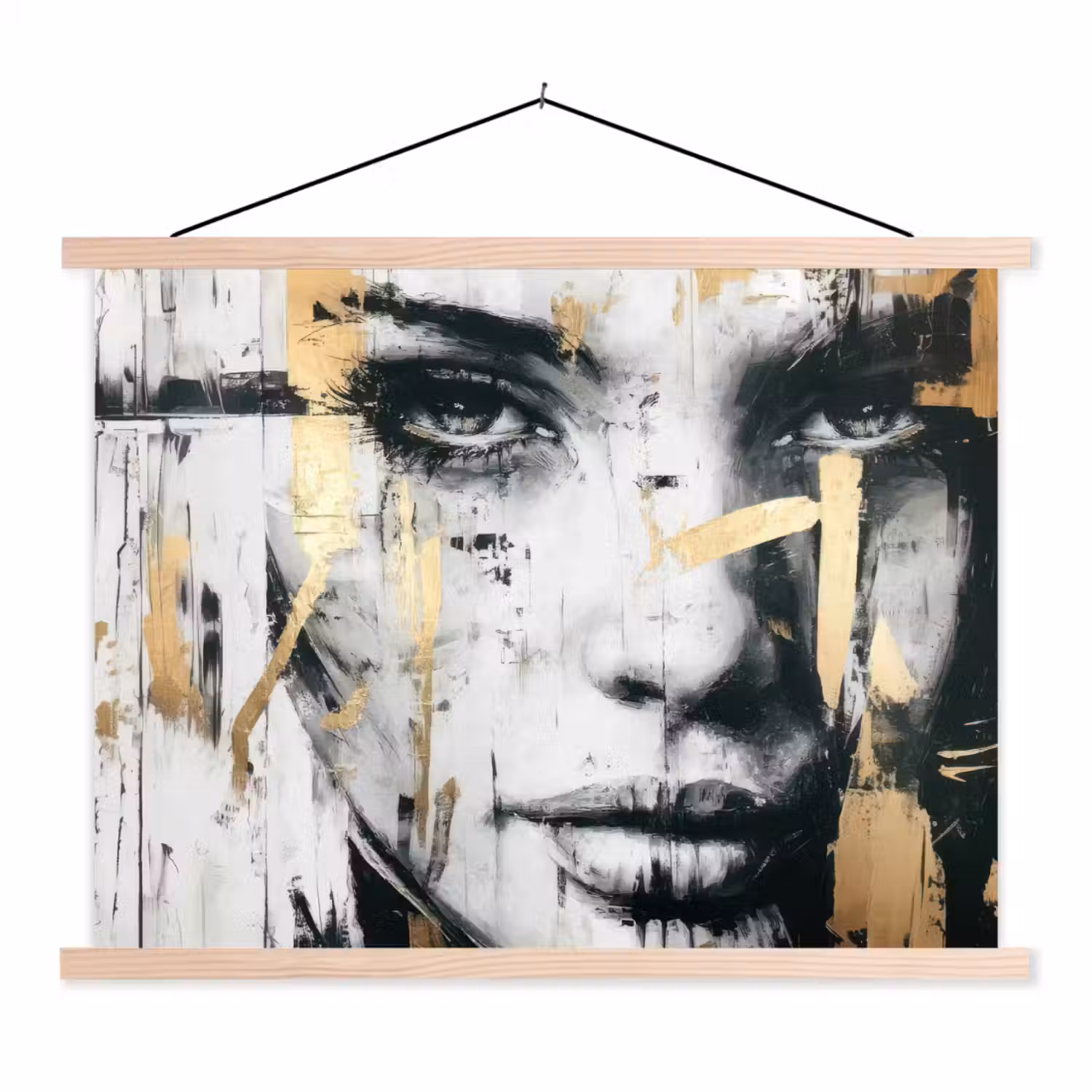 Portret - Vrouw - Penseelstreken - Goud textielposter latten blank klein -3d