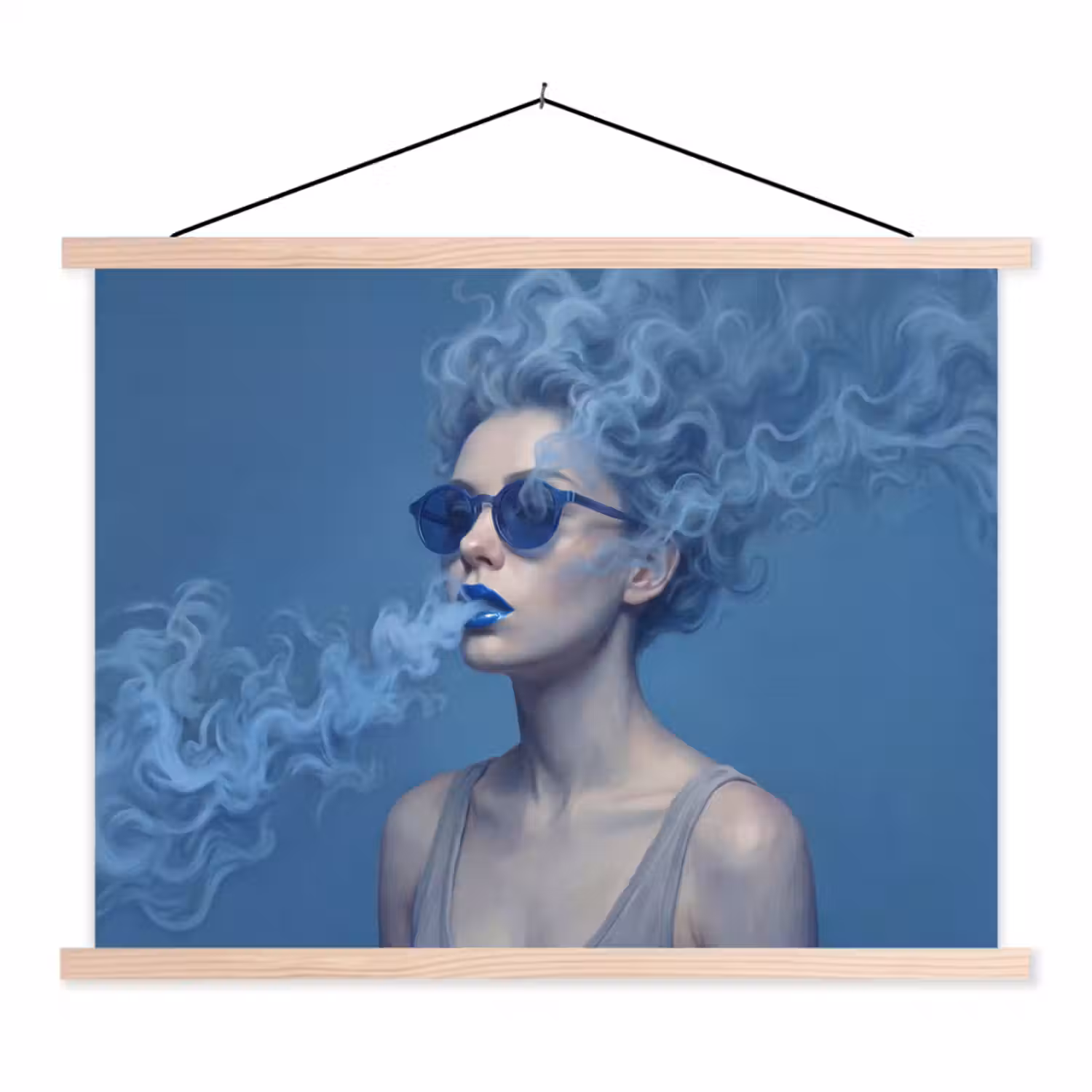 Portret - Zonnebril - Rook - Abstract - Blauw textielposter latten blank klein -3d