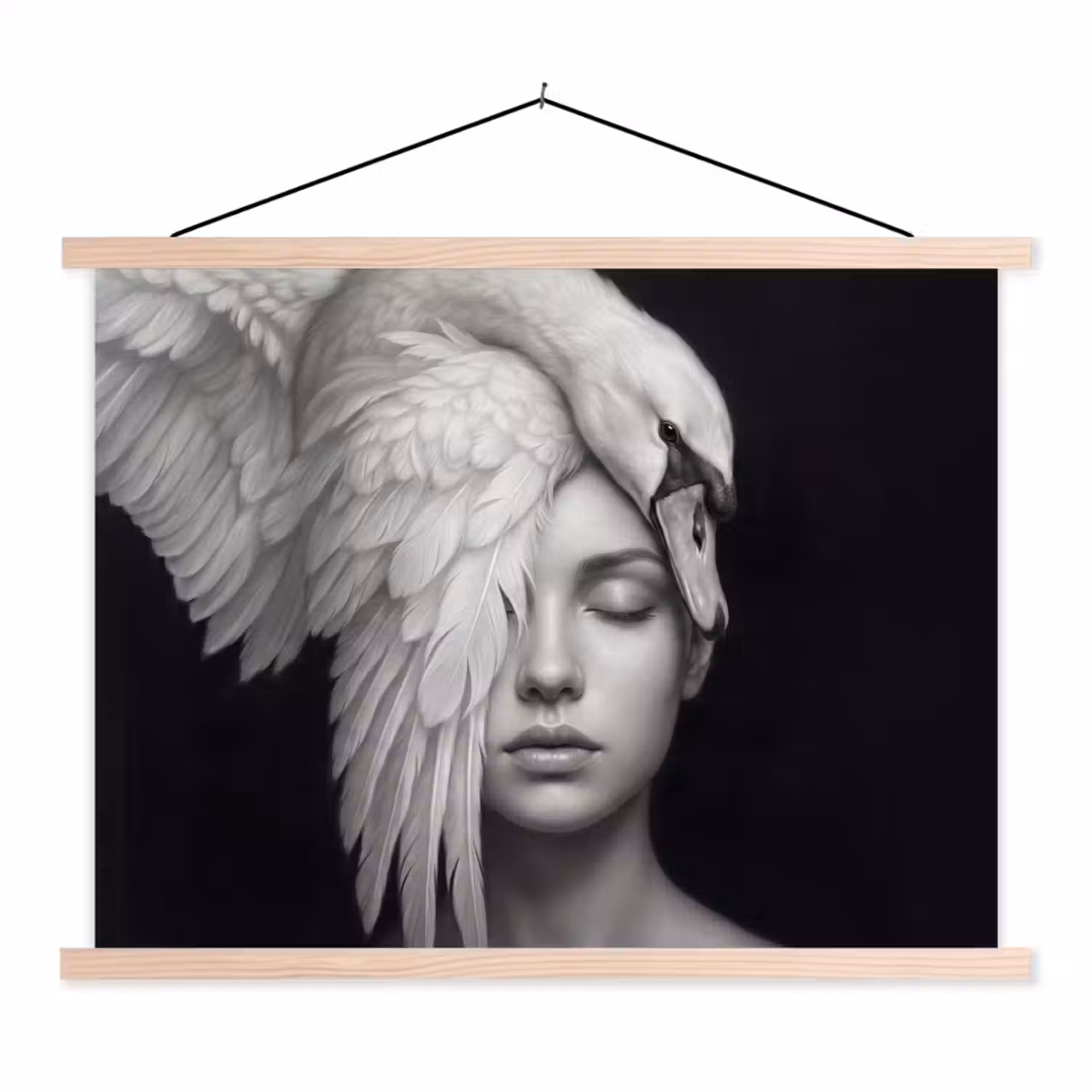 Portret - Zwaan - Zwart - Wit textielposter latten blank klein -3d