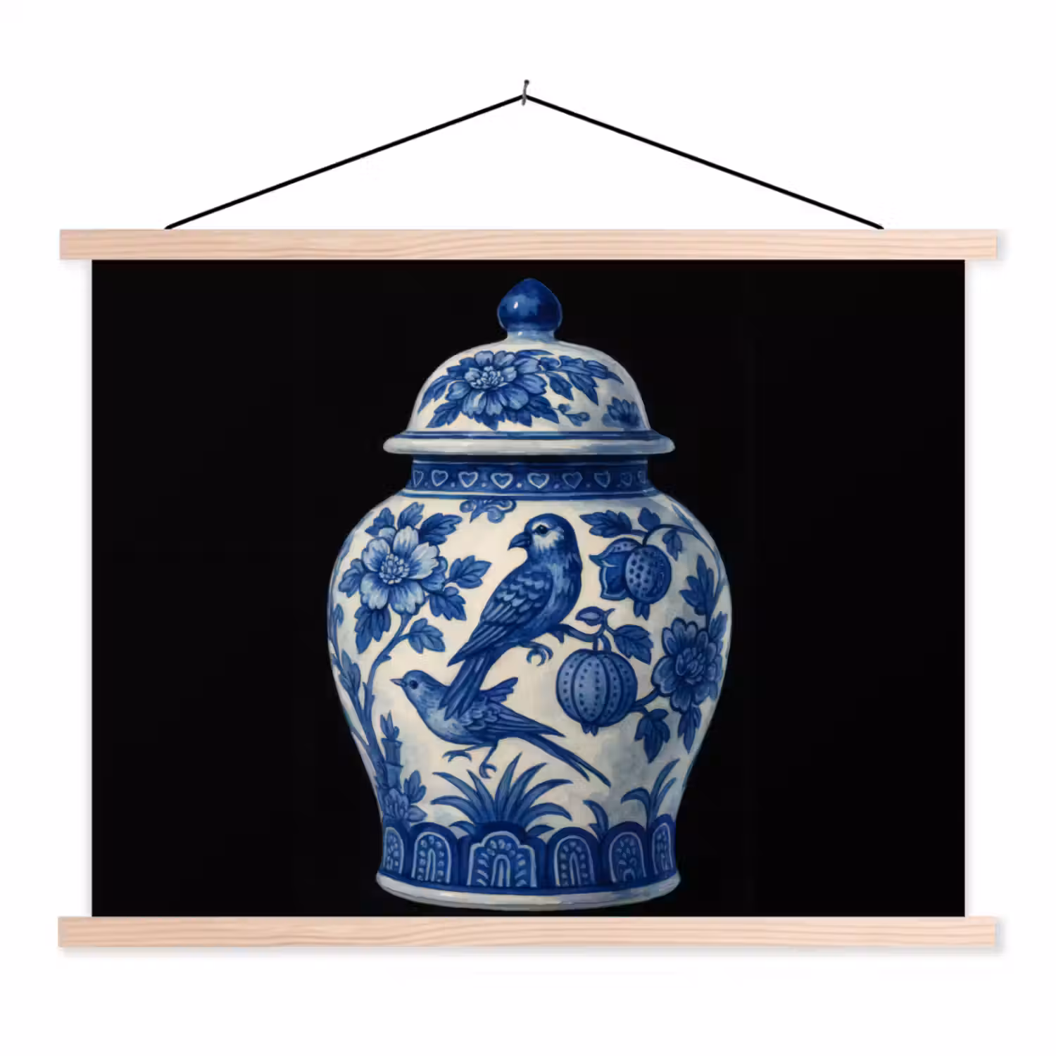 Pot - Delfts Blauw - Bloemen textielposter latten blank klein -3d