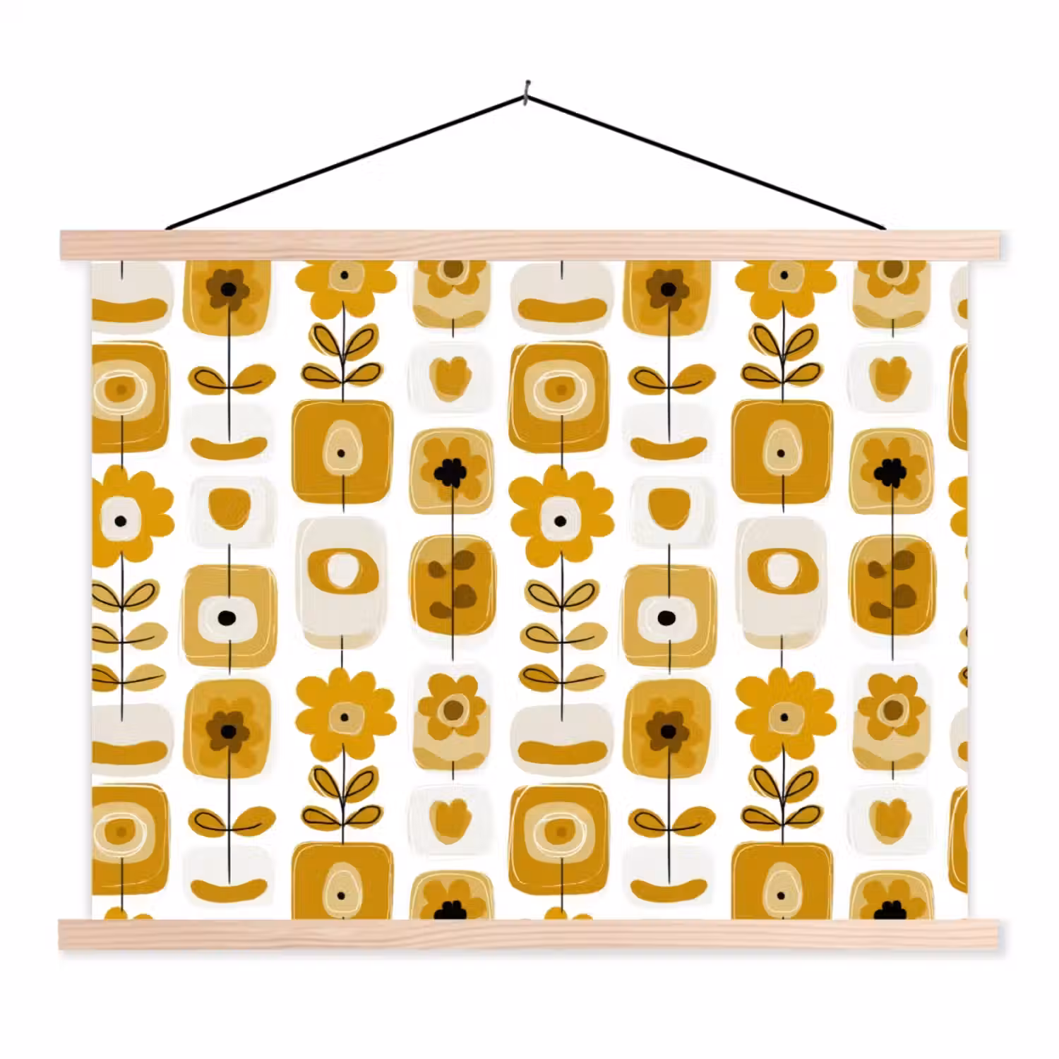 Retro - Abstract - Bloemen - Okergeel textielposter latten blank klein 122 -3d