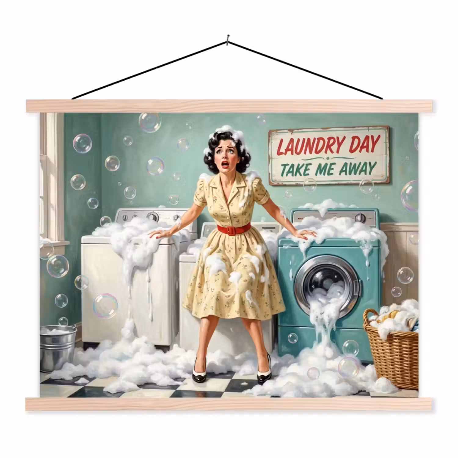 Retro - Blauw - Vrouw textielposter latten blank klein -3d