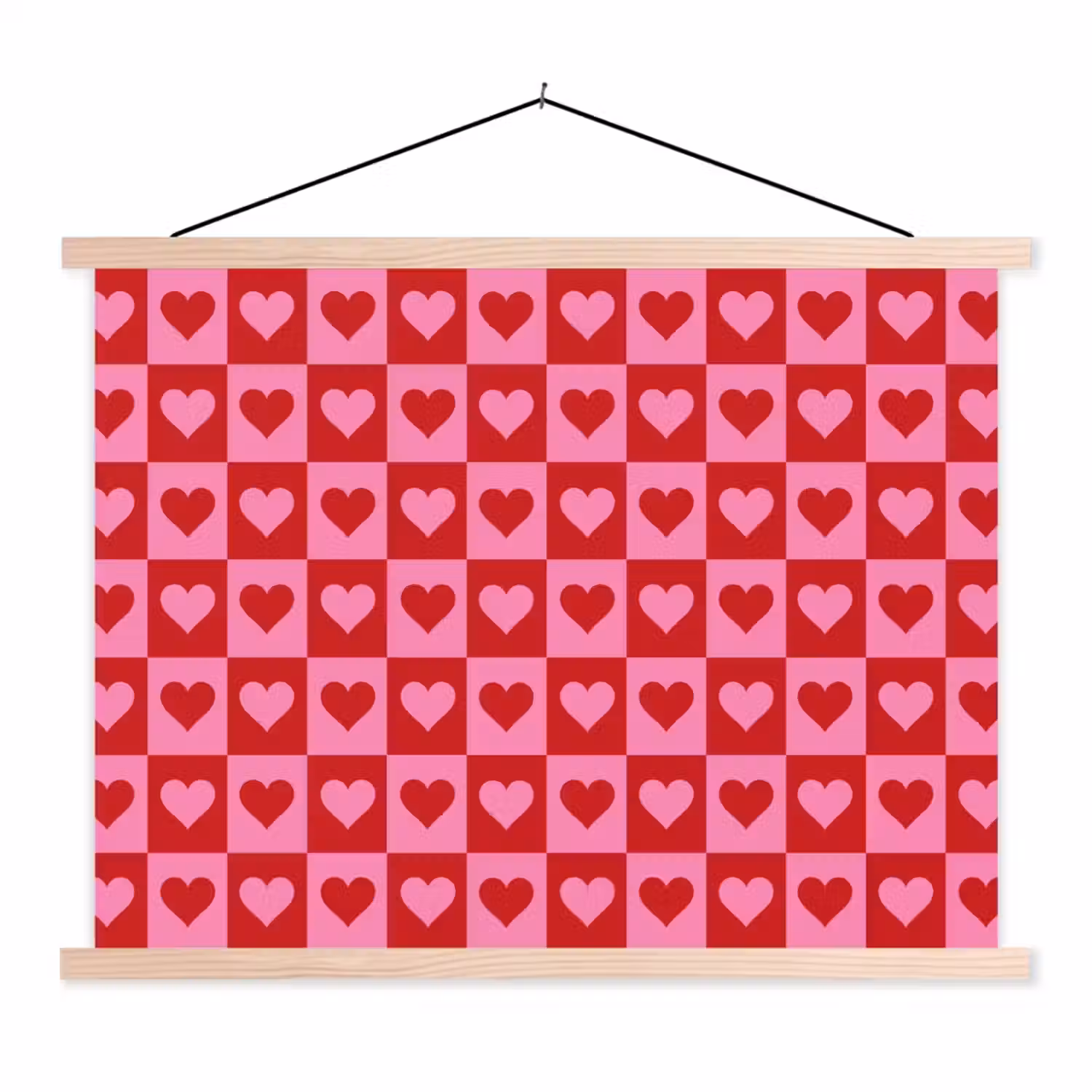 Rood - Roze - Schaakbord - Valentijn textielposter latten blank klein -3d