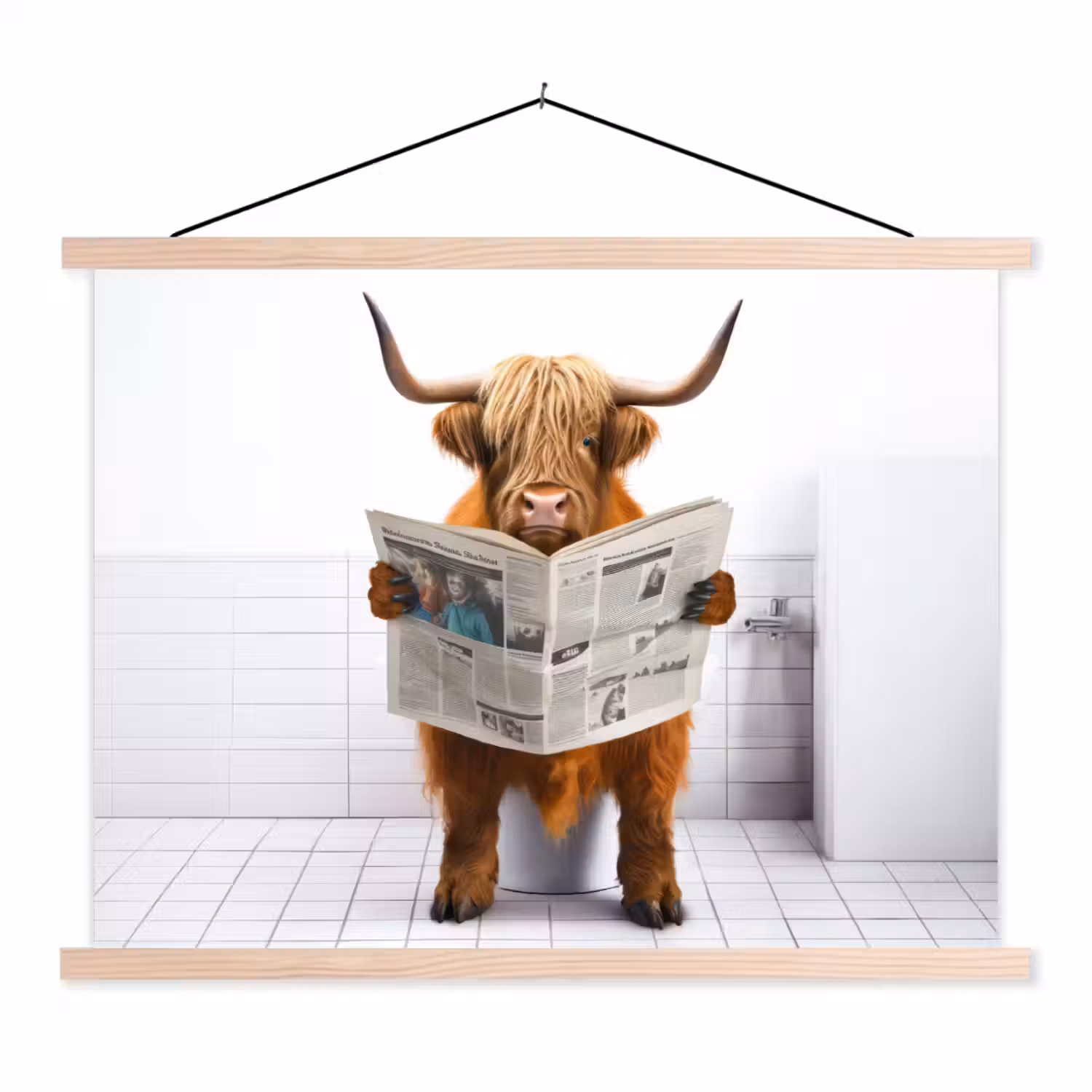 Schotse hooglander - Krant - Toilet - WC - Wit - Koe textielposter latten blank klein -3d