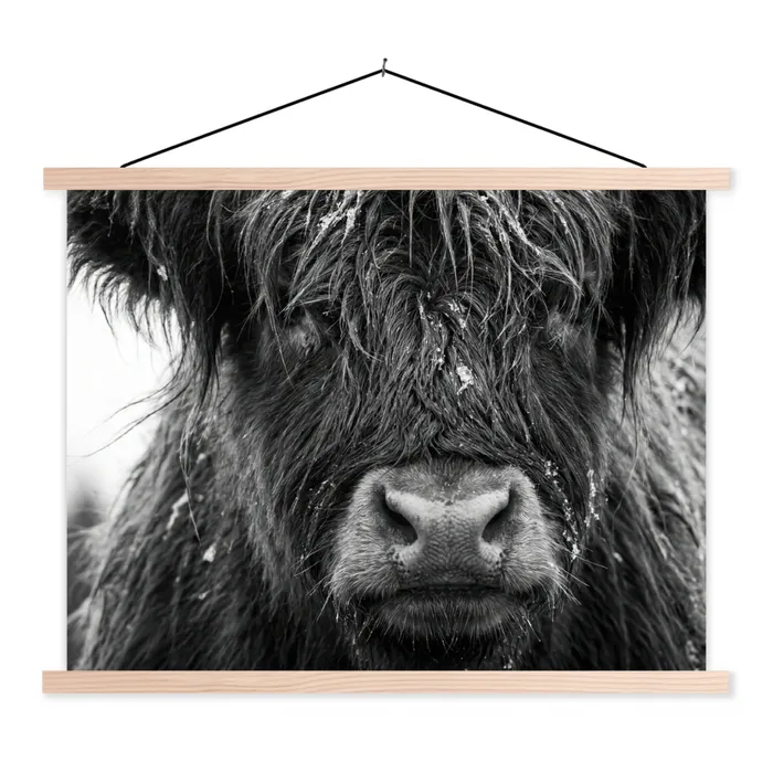 Schotse hooglander - Zwart - Wit - Sneeuwvlokken textielposter latten blank klein -3d