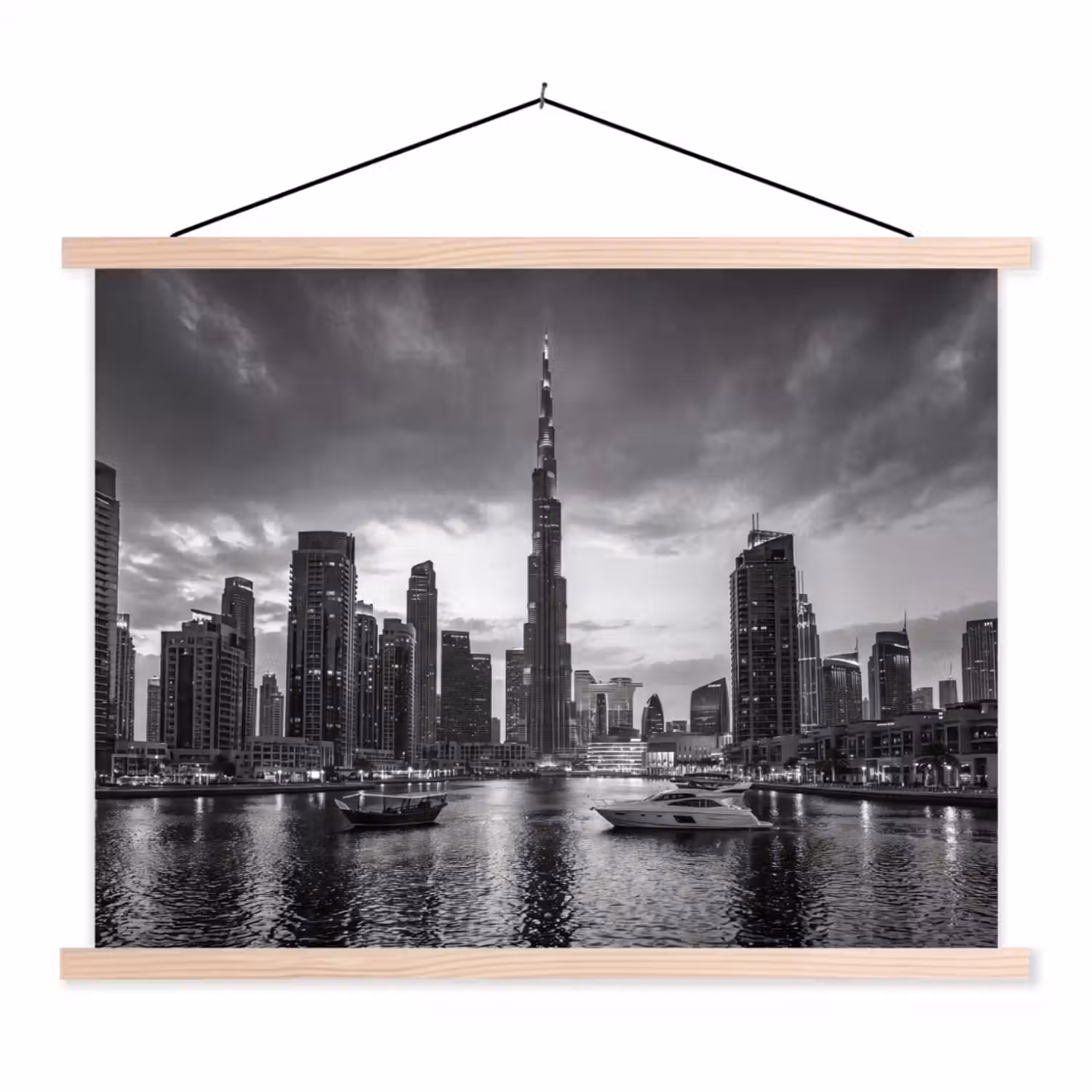 Stad - Skyline - Architectuur - Avond - Zwart-wit textielposter latten blank klein -3d