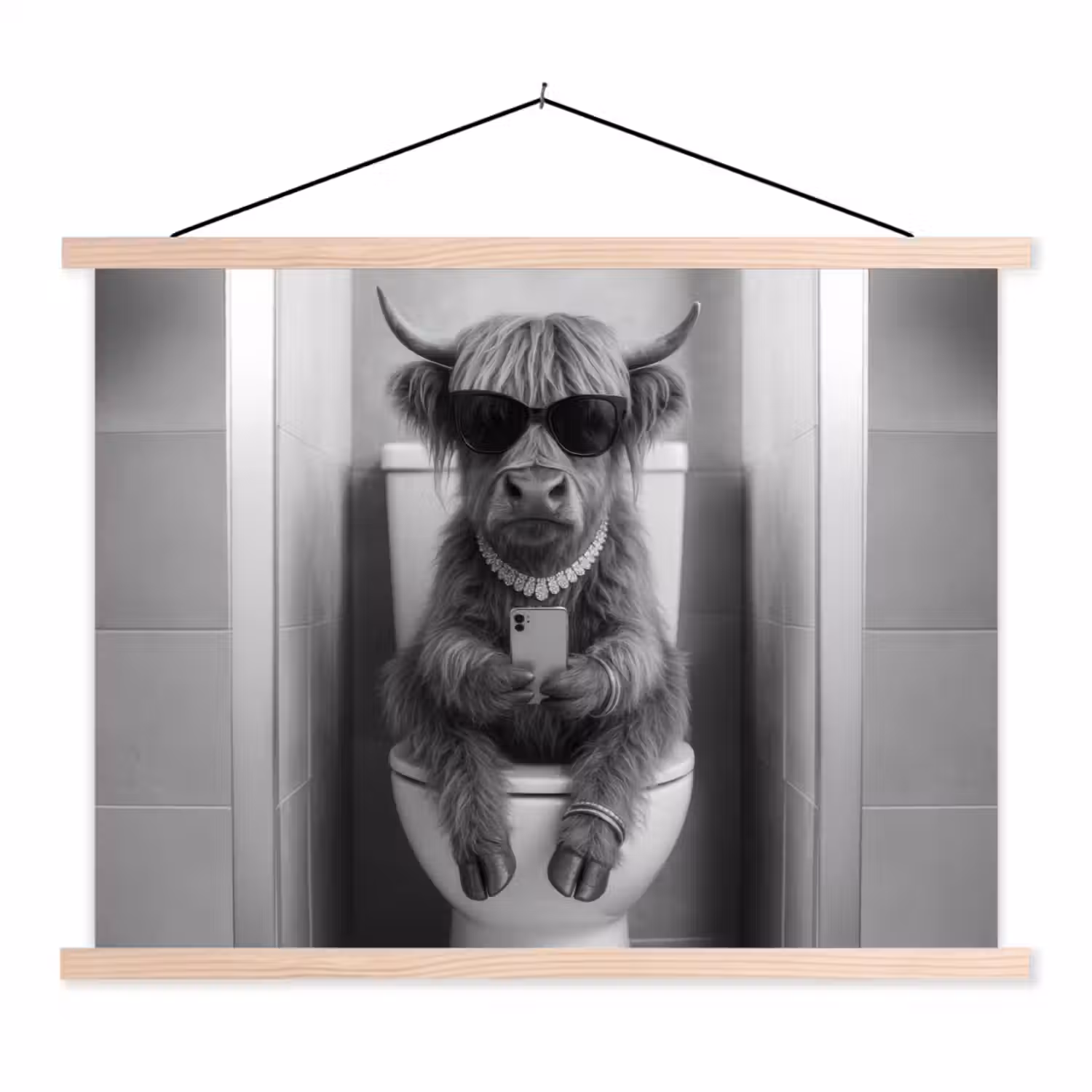 Stier - Telefoon - Toilet - Zwart - Wit textielposter latten blank klein -3d