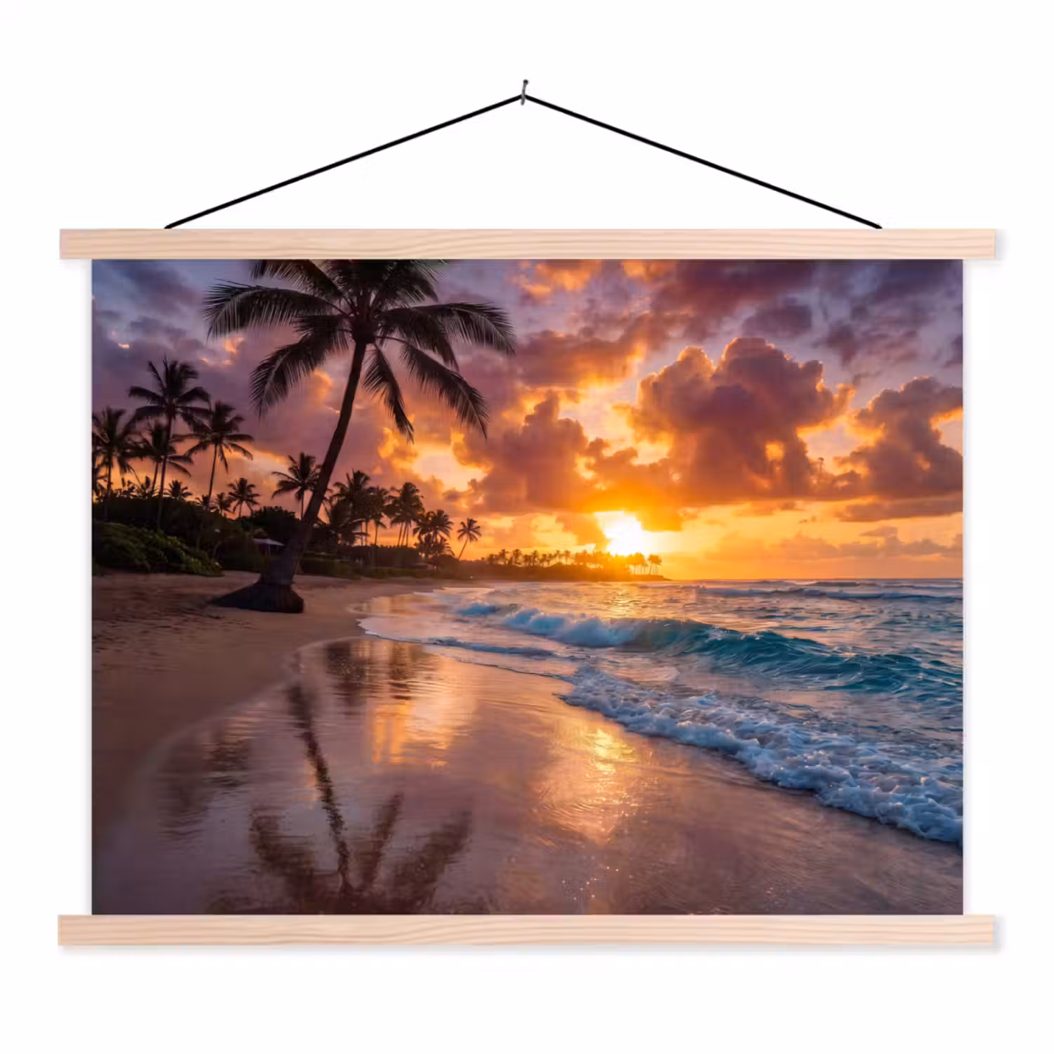 Strand - Zonsopgang - Tropisch - Natuur - Oranje textielposter latten blank klein -3d