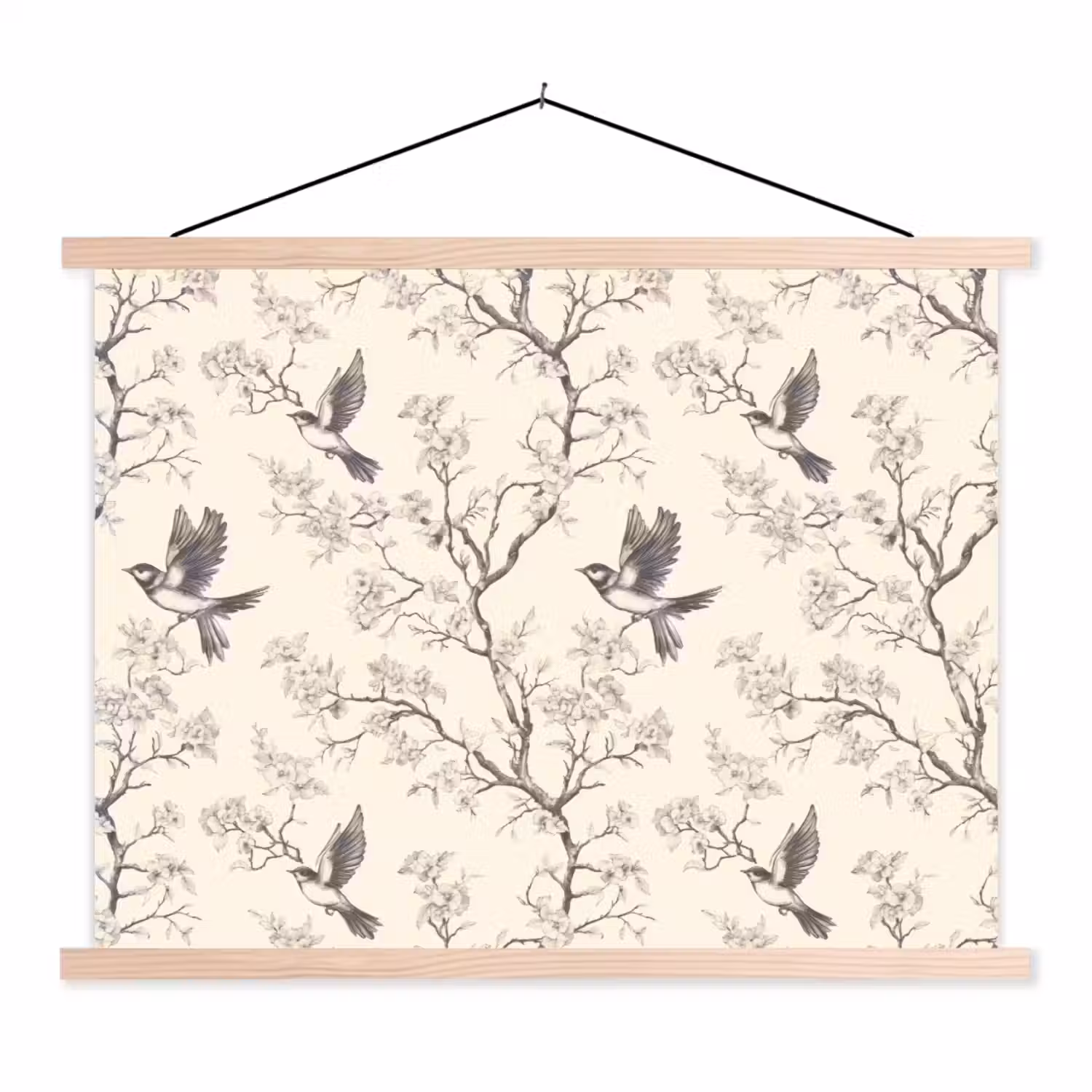 Takken - Vogels - Beige textielposter latten blank klein 122 -3d