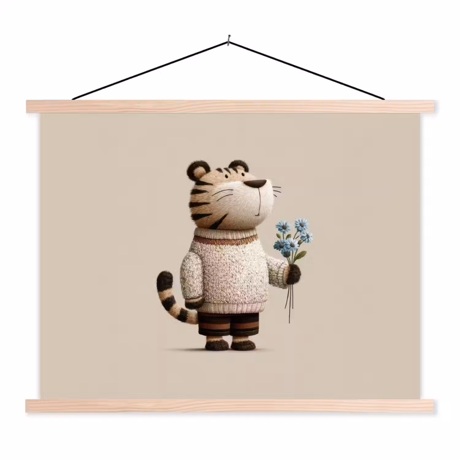 Tijger - Blauwe bloemen - Rustig textielposter latten blank klein -3d