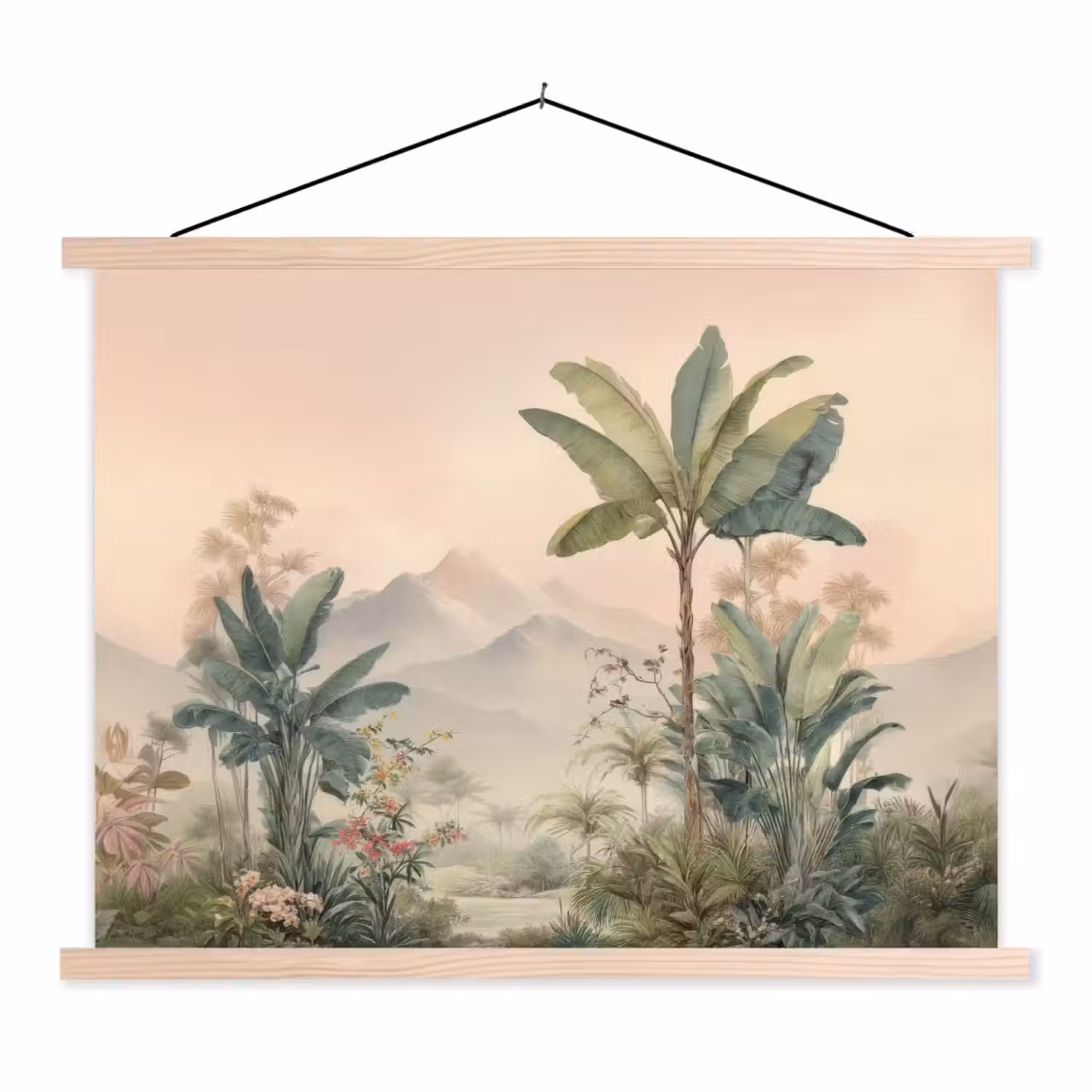 Tropisch landschap - palmbomen - Bloemen - Roze lucht textielposter latten blank klein -3d