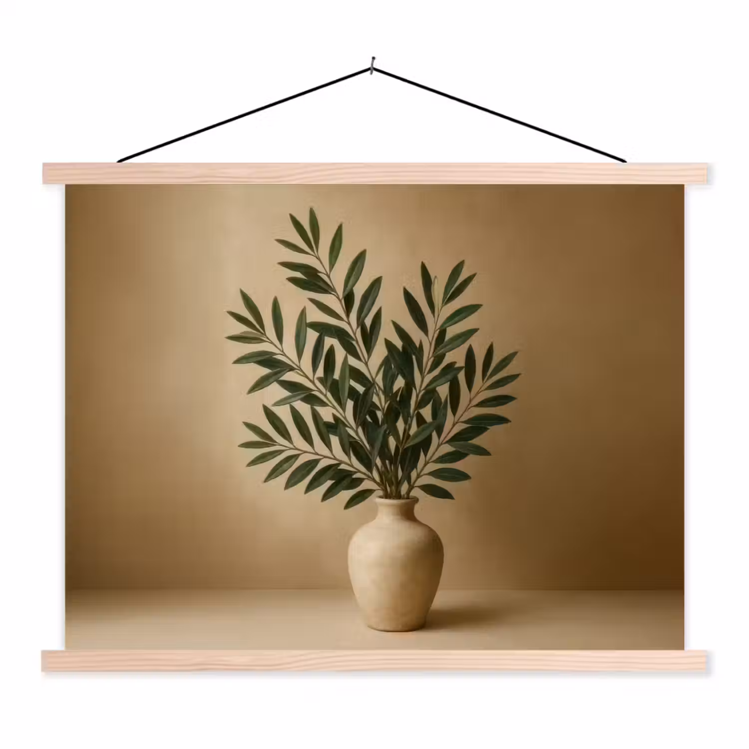 Vaas - Olijftakken - Bladeren - Beige textielposter latten blank klein -3d