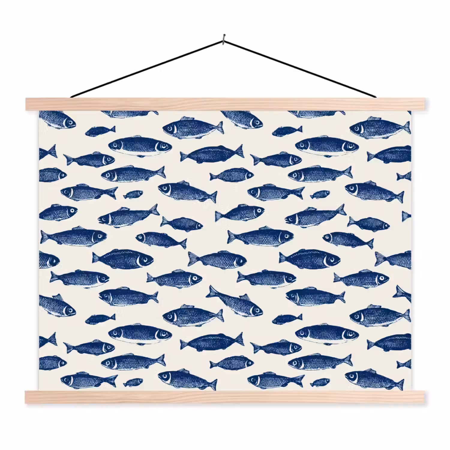 Vissen - Patroon - Blauw - Wit textielposter latten blank klein 122 -3d