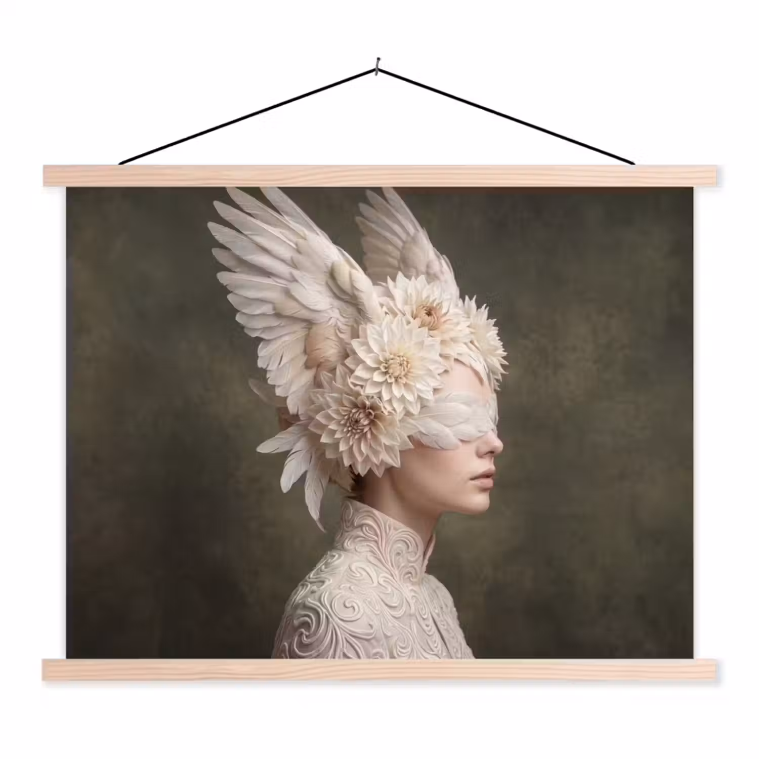 Vleugels - Vrouw - Wit textielposter latten blank klein -3d