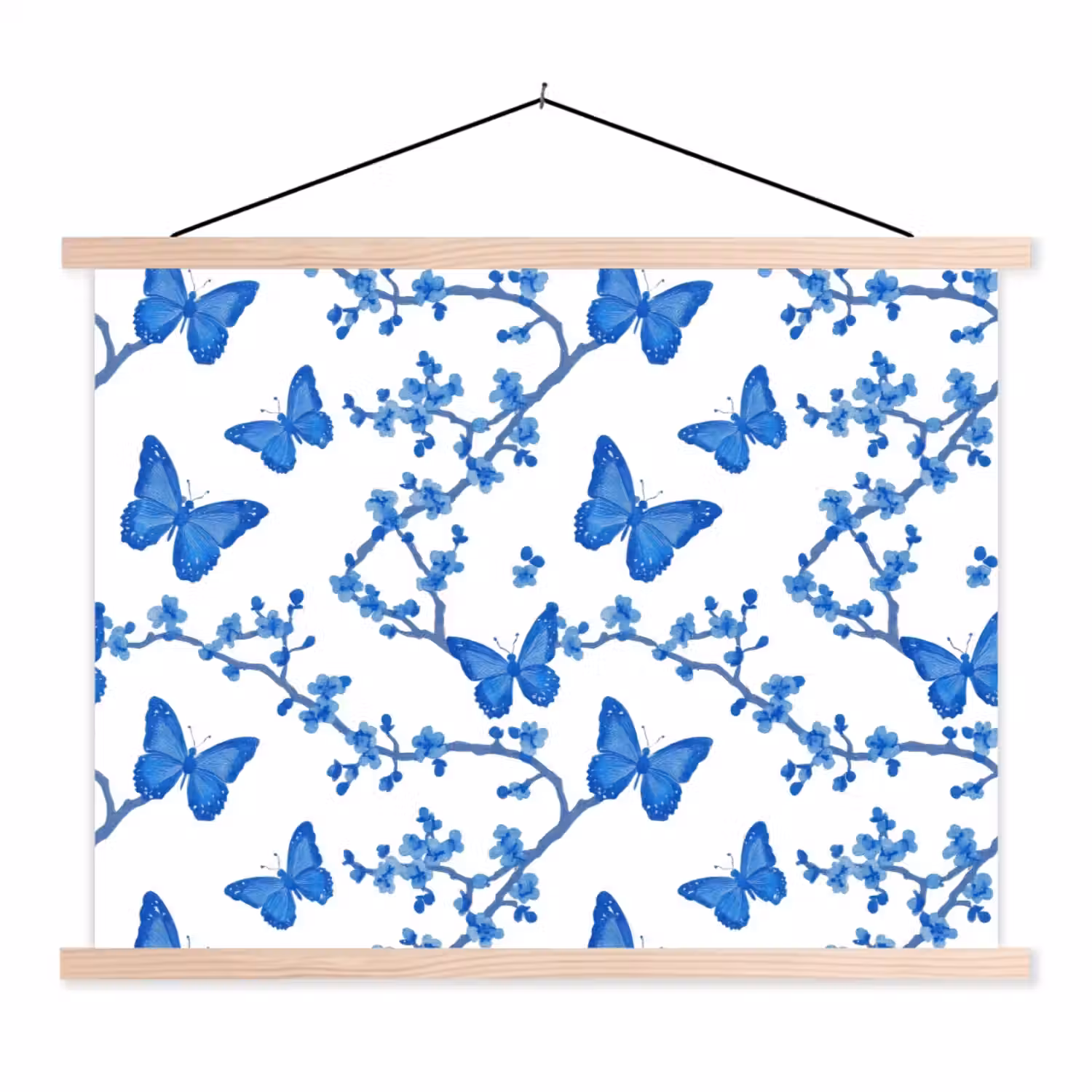 Vlinder - Bloemen - Blauw textielposter latten blank klein 122 -3d