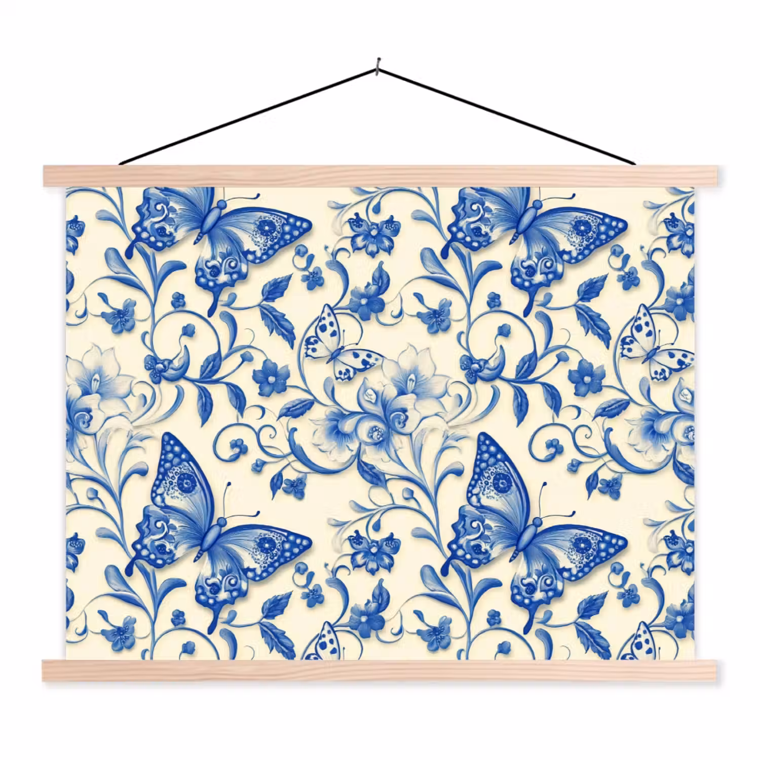 Vlinders - Bloemen - Blauw - Botanisch textielposter latten blank klein 122 -3d