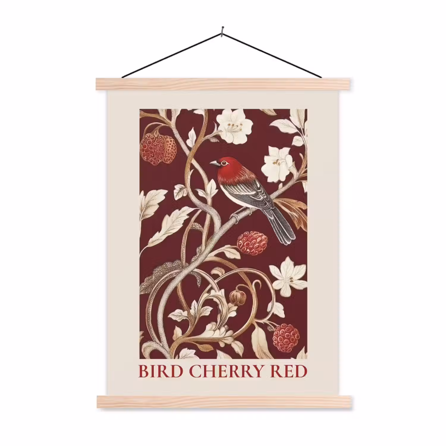 Vogel - Bordeaux - Bloemen - Bessen textielposter latten blank klein -3d