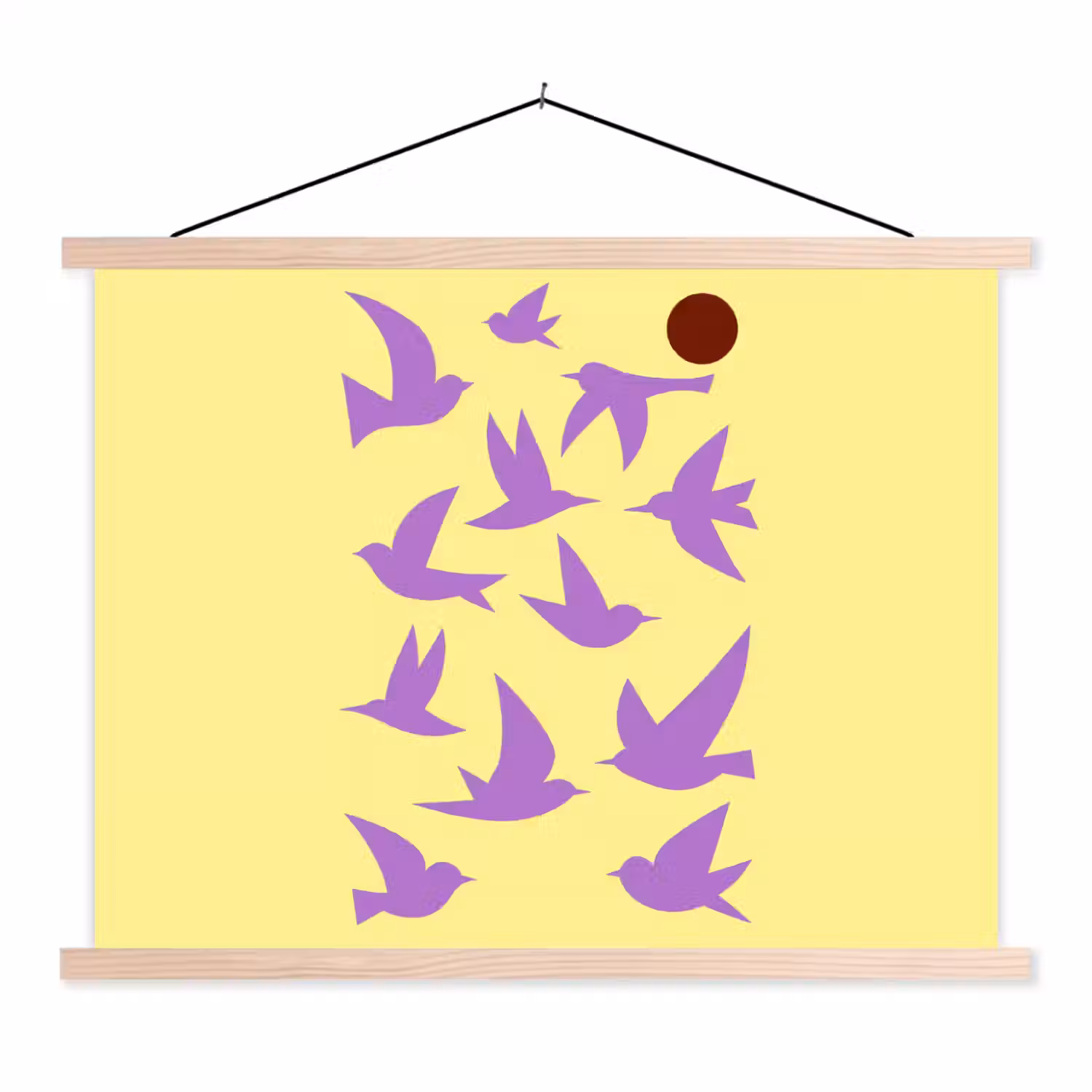 Vogels - Cirkel - Geel - Beweging textielposter latten blank klein -3d