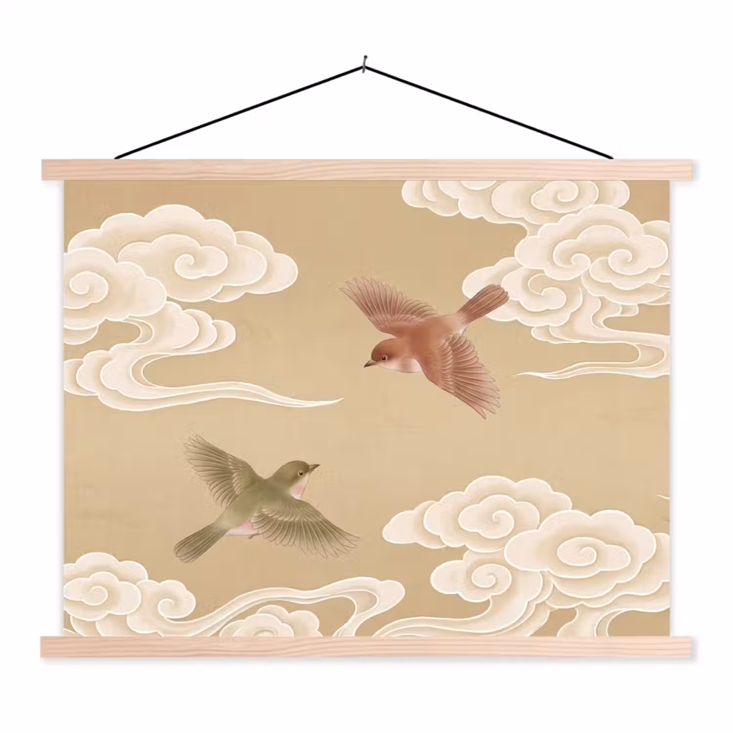 Vogels - Vliegen - Beige textielposter latten blank klein -3d