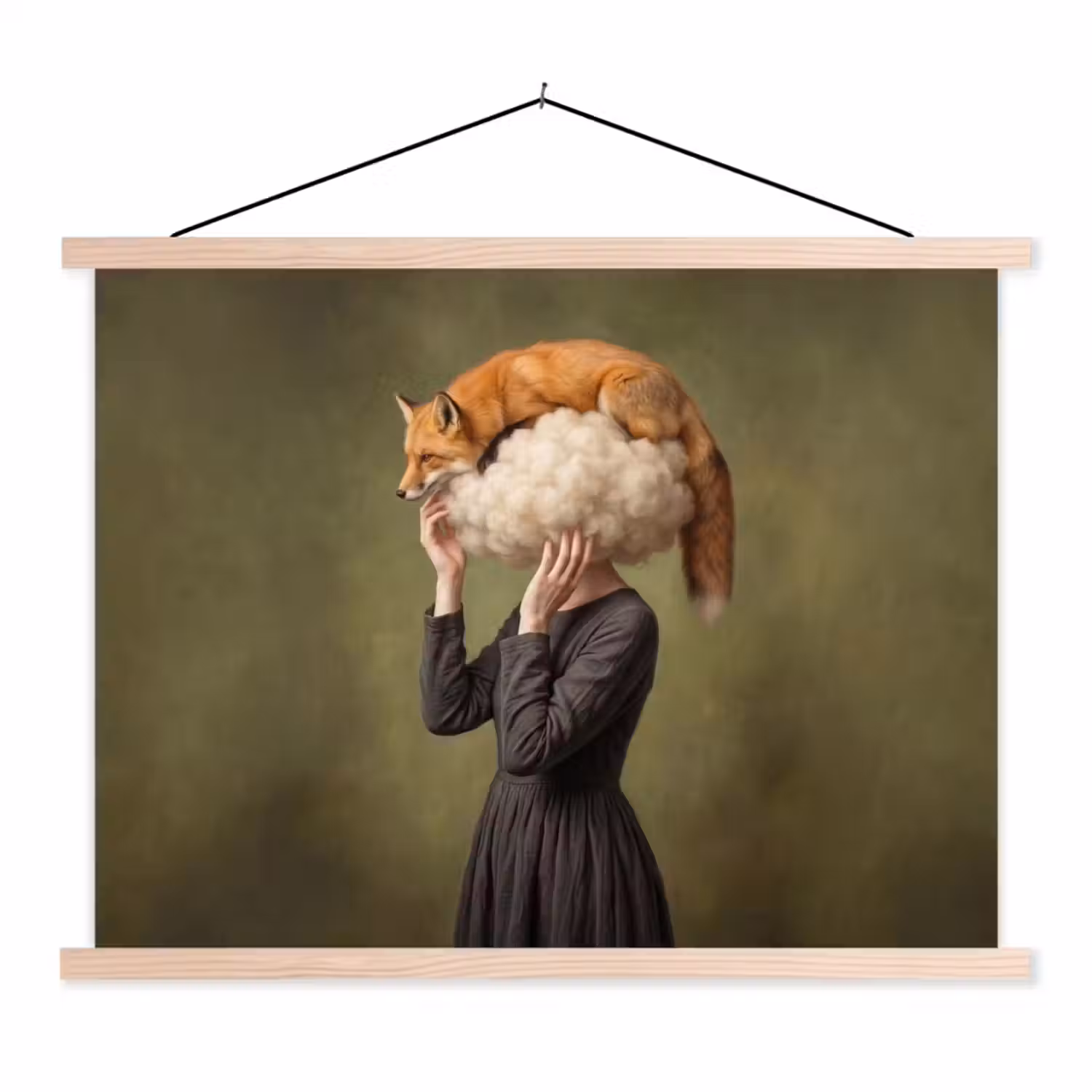 Vos - Surrealistisch - Groen textielposter latten blank klein -3d