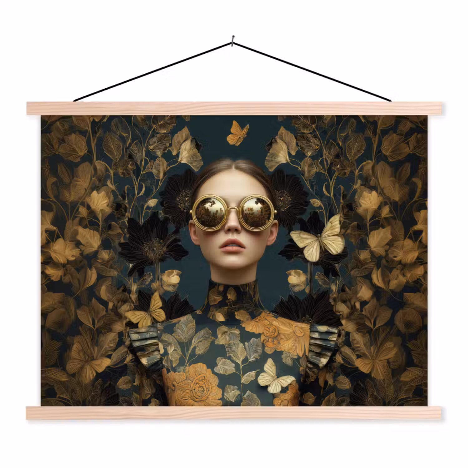 Vrouw - Bladeren - Goud - Vlinders textielposter latten blank klein -3d