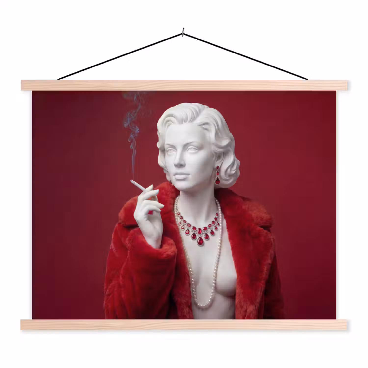 Vrouw - Bontjas - Mode - Klassiek - Rood textielposter latten blank klein -3d