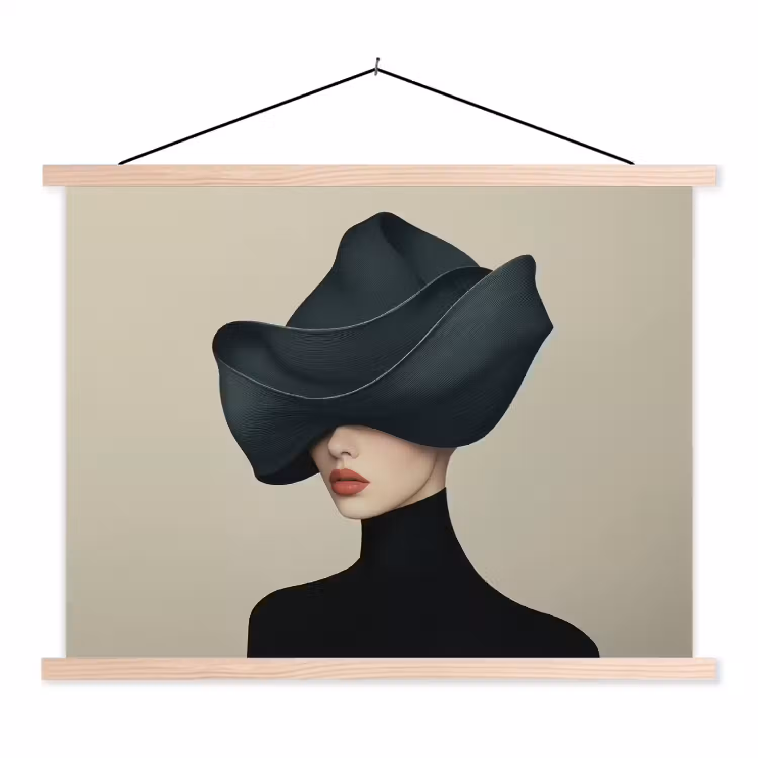 Vrouw - Groen - Hoed textielposter latten blank klein -3d