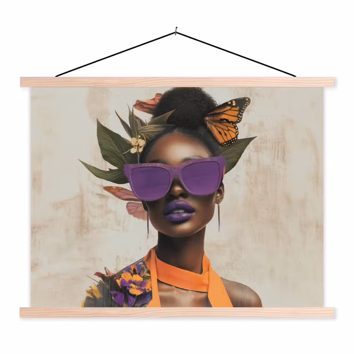 Vrouw - Zonnebril - Vlinder - Bloemen textielposter latten blank klein -3d