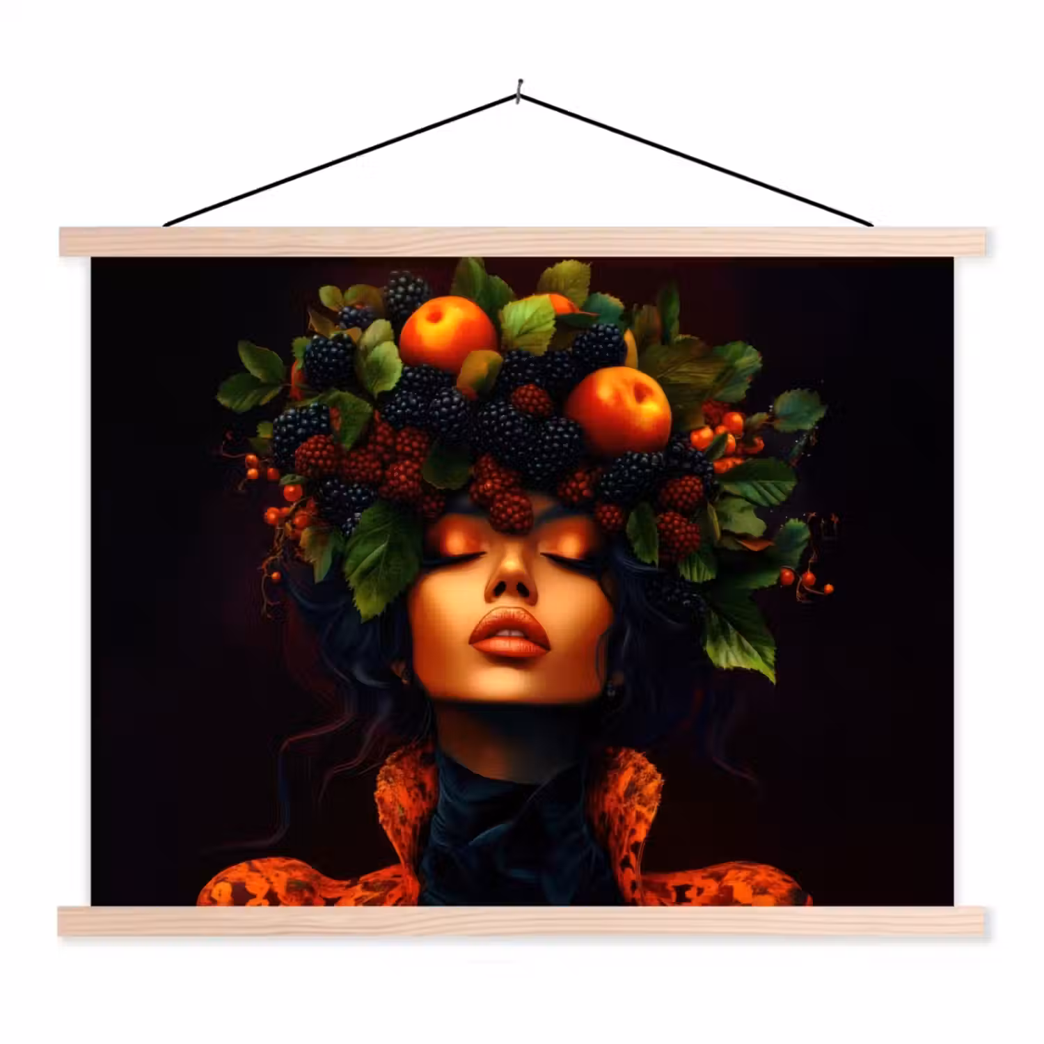 Vrouw - Zwart - Bessen - Bramen - Appels textielposter latten blank klein -3d