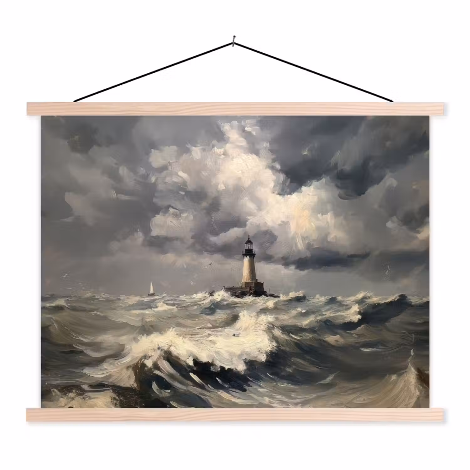 Vuurtoren - Golven - Storm textielposter latten blank klein -3d