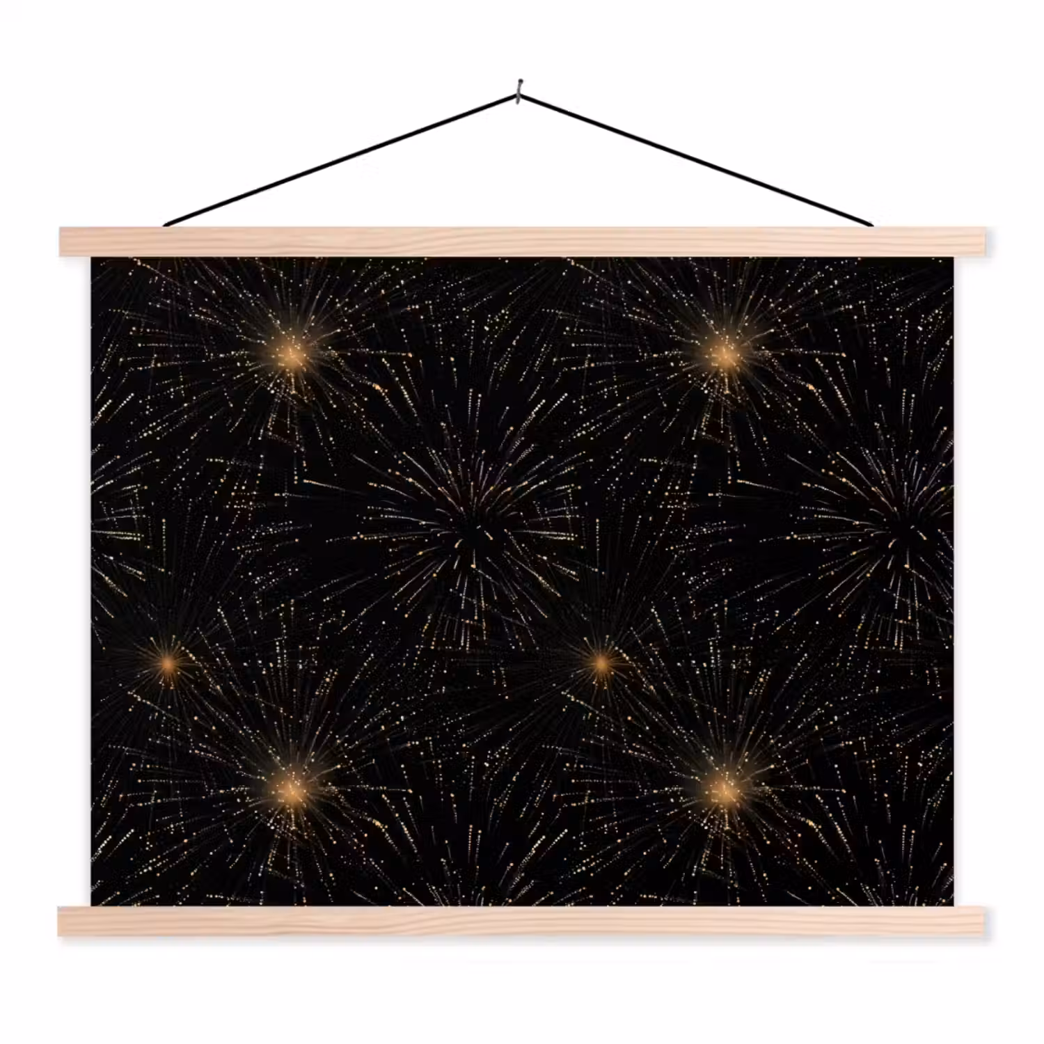 Vuurwerk - Patroon - Feestelijk - Goud - Zwart textielposter latten blank klein 122 -3d