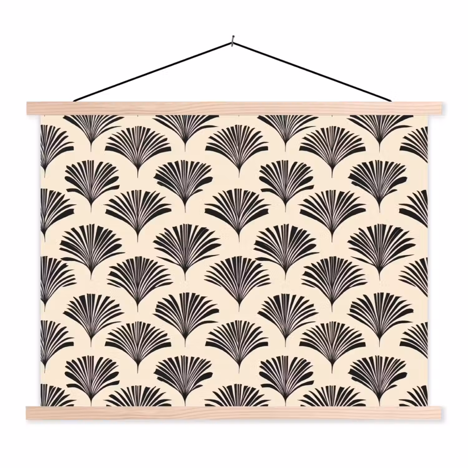 Waaiers - Botanisch - Zwart - Beige textielposter latten blank klein 122 -3d