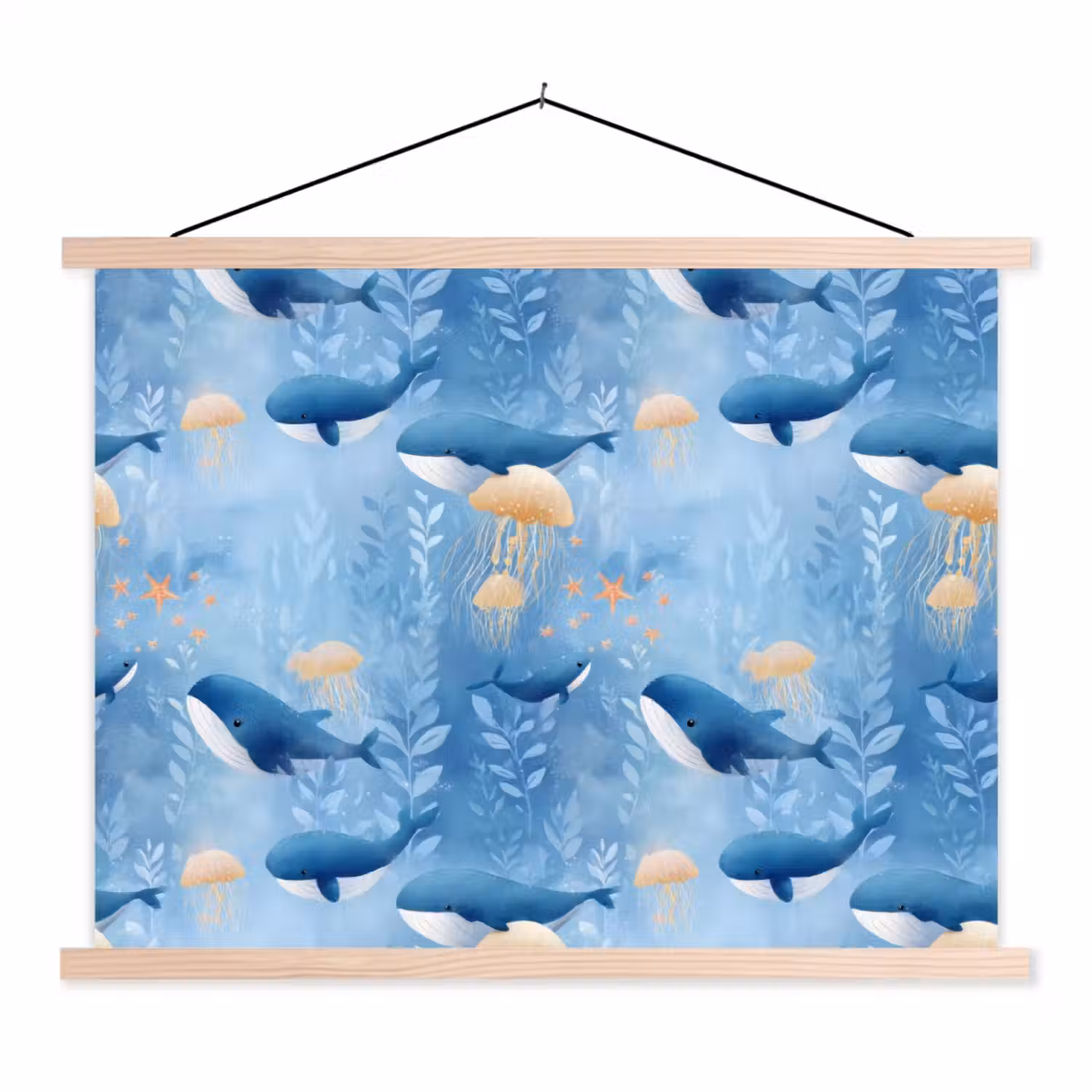 Walvissen - Oceaan - Blauw textielposter latten blank klein 122 -3d