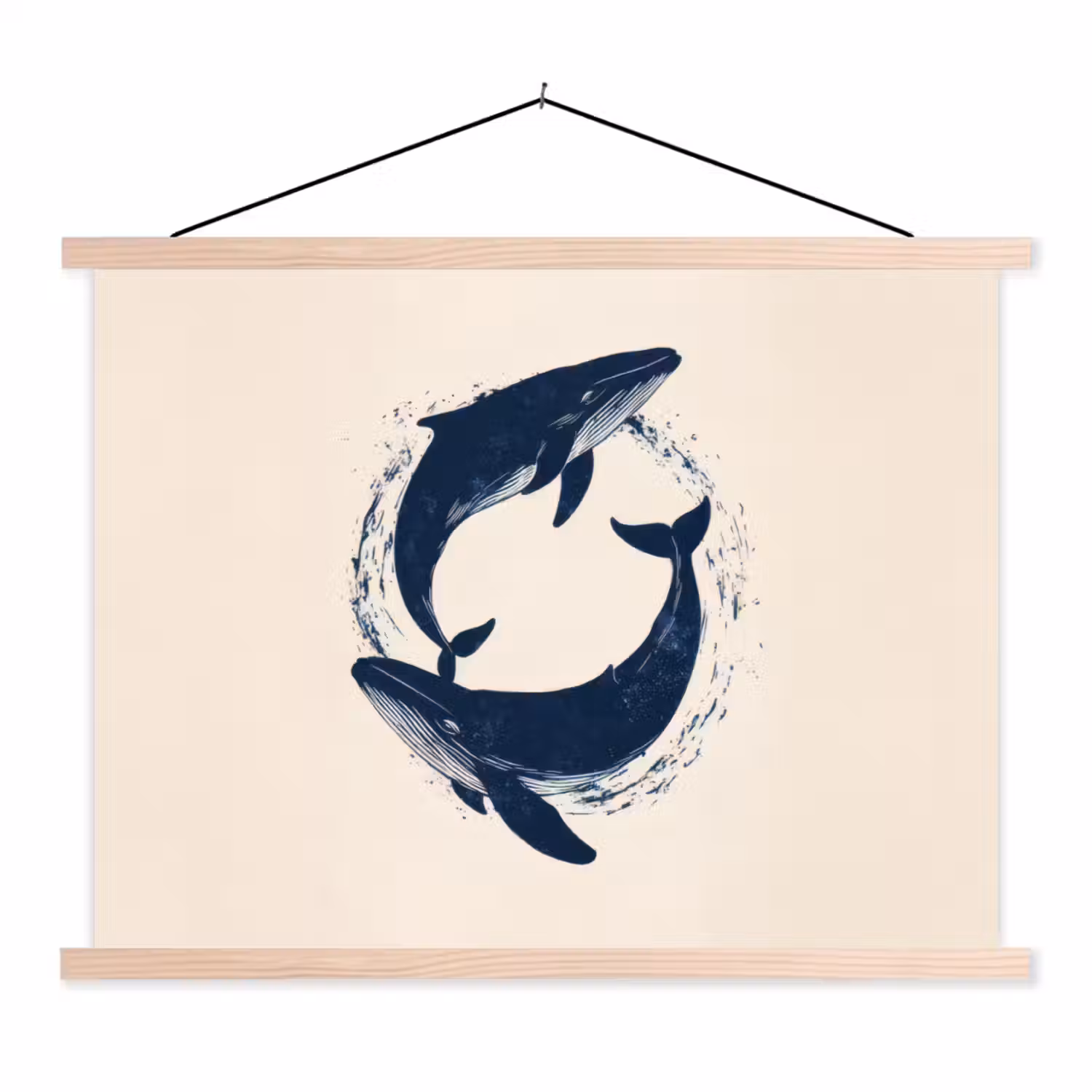 Walvissen - Spetters - Cirkel - Donkerblauw textielposter latten blank klein -3d
