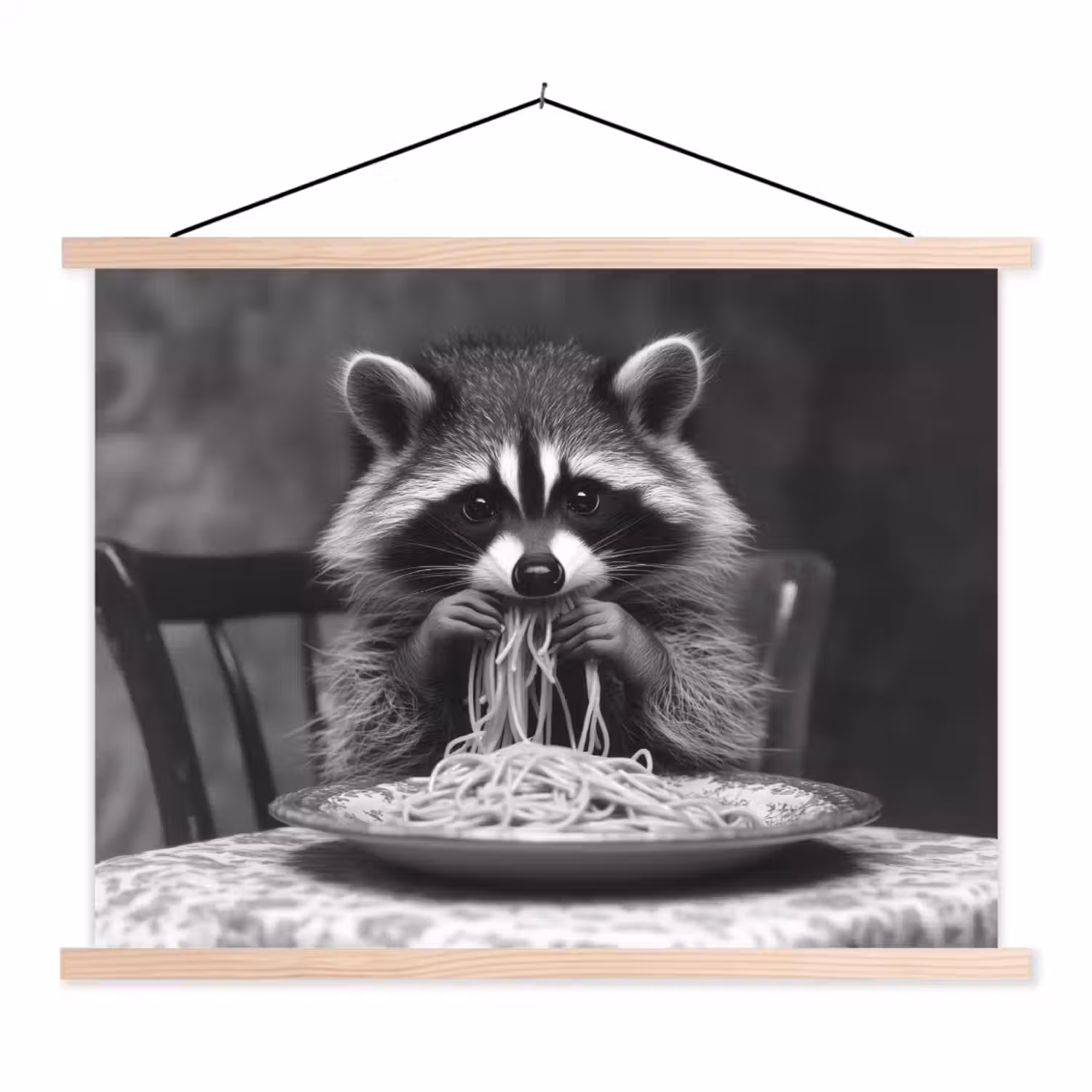 Wasbeer - Cute - Pasta - Tafelkleed - Zwart - Wit textielposter latten blank klein -3d