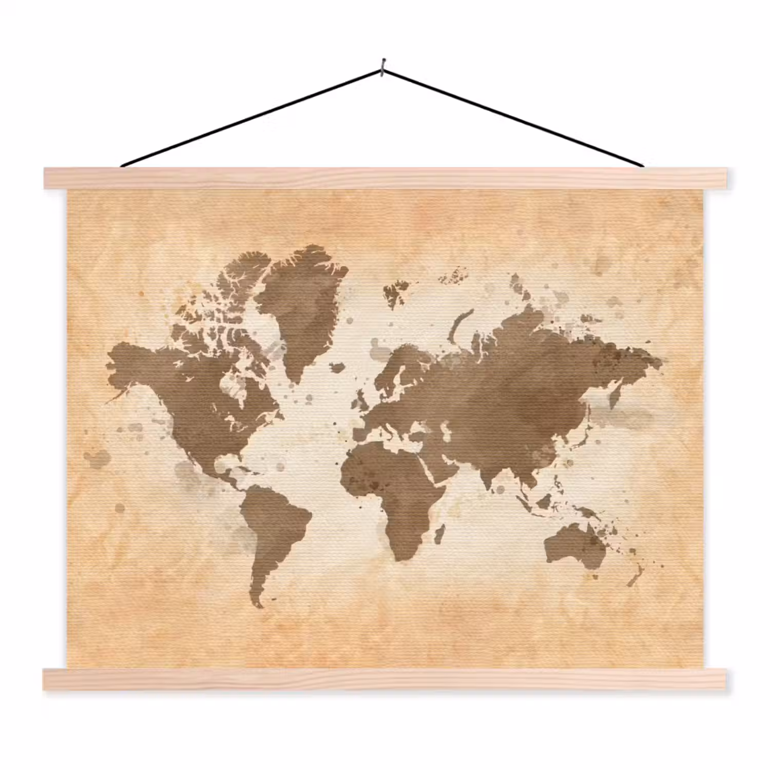 Wereldkaart - Beige - Bruin textielposter latten blank klein -3d