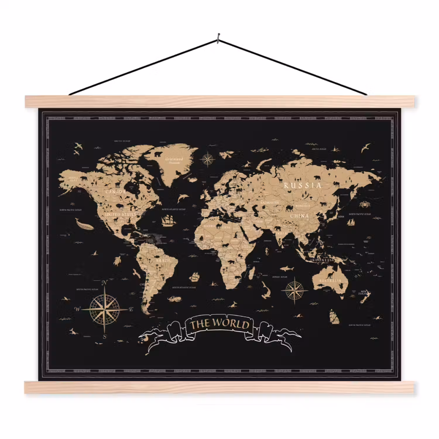 Wereldkaart - Beige - Zwart textielposter latten blank klein -3d