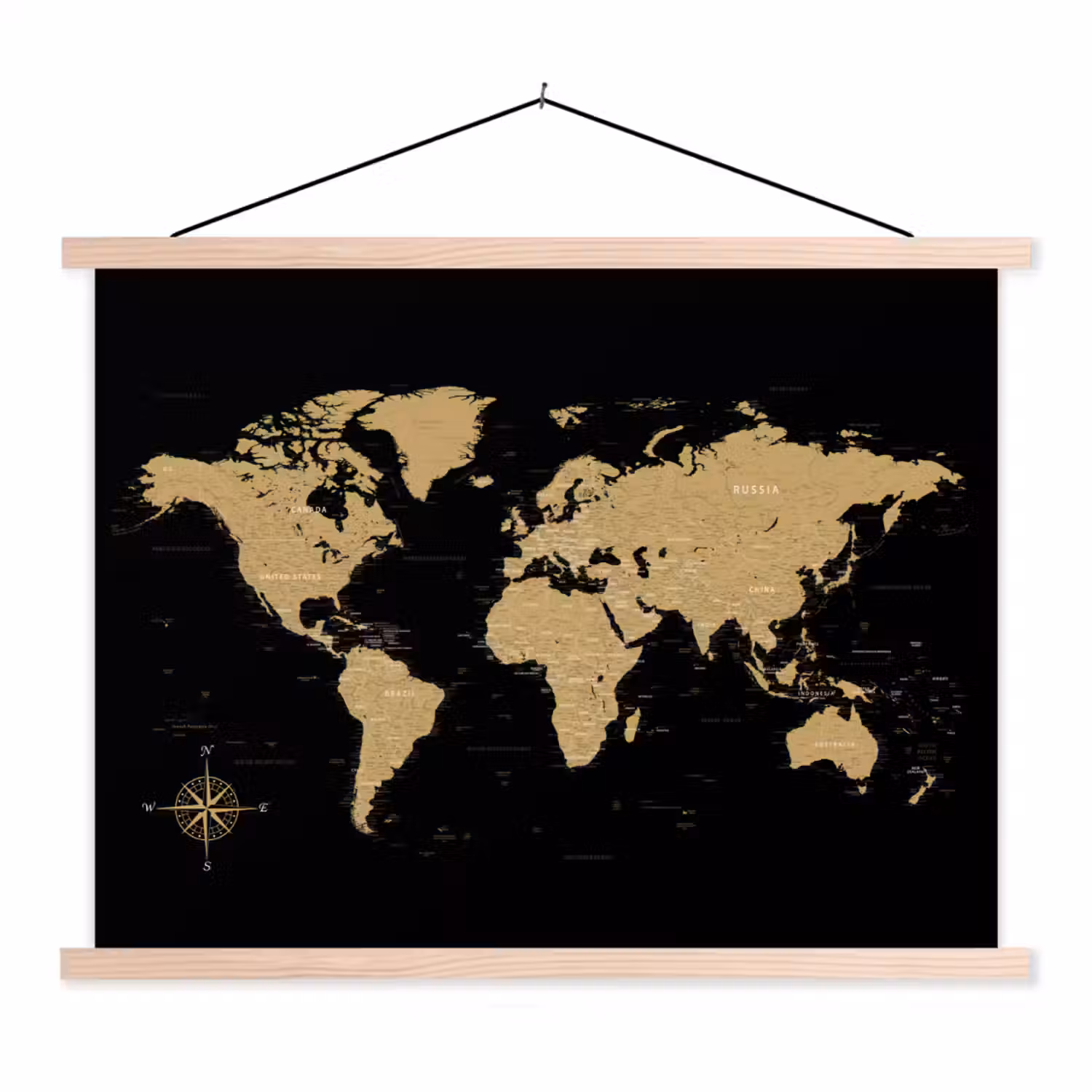 Wereldkaart - Beige - Zwart textielposter latten blank klein -3d