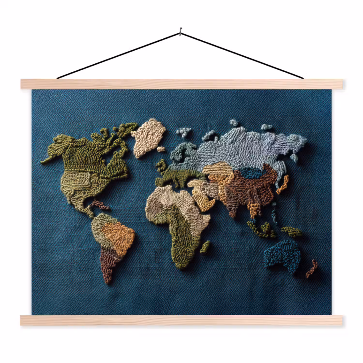Wereldkaart - Geborduurd - Verschillende tinten textielposter latten blank klein -3d